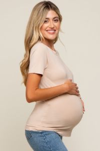 Beige Soft Knit Basic Maternity T-Shirt sold by Pinkblush