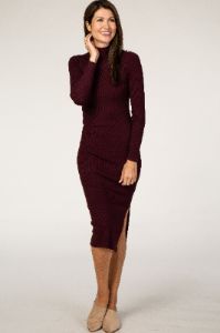 Burgundy Ribbed Fitted Mock Neck Long Sleeve Midi Dress sold by Pinkblush
