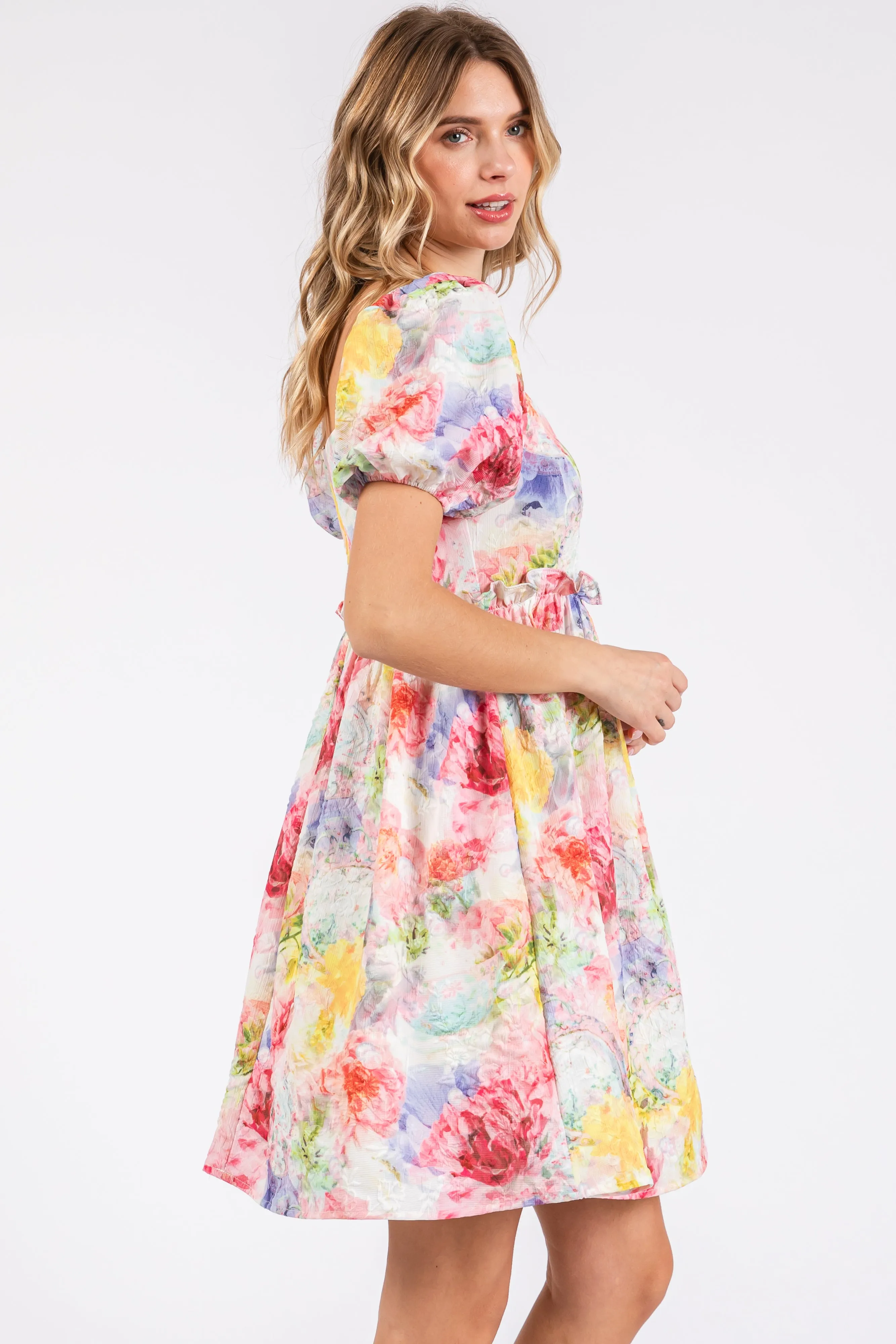 Multi-Color Floral V-Neck Short Puff Sleeve Ruffle Waist Dress sold by Pinkblush product image thumbnail 2