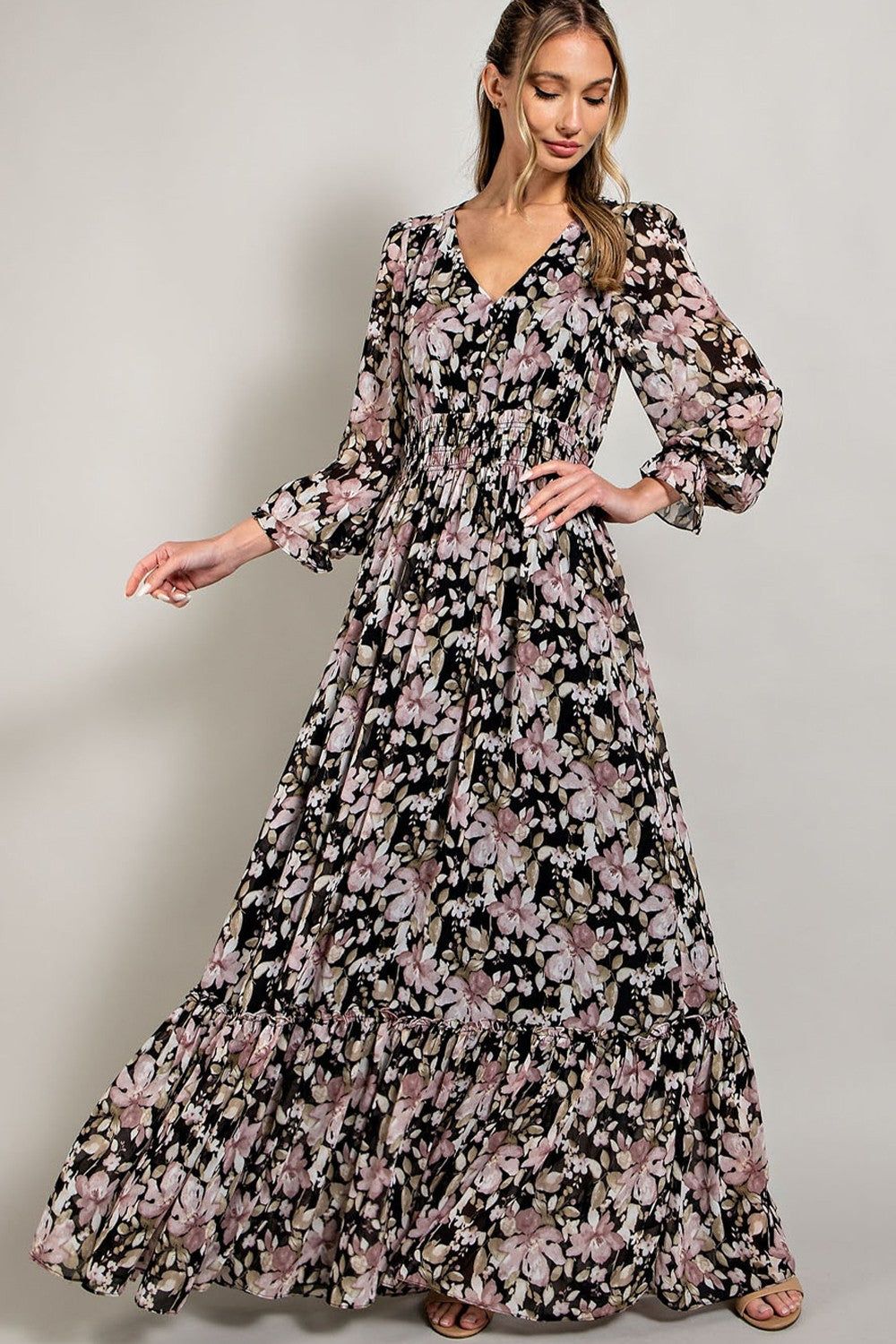 Black Floral Chiffon Button Front Smocked Waist Maxi Dress sold by Pinkblush