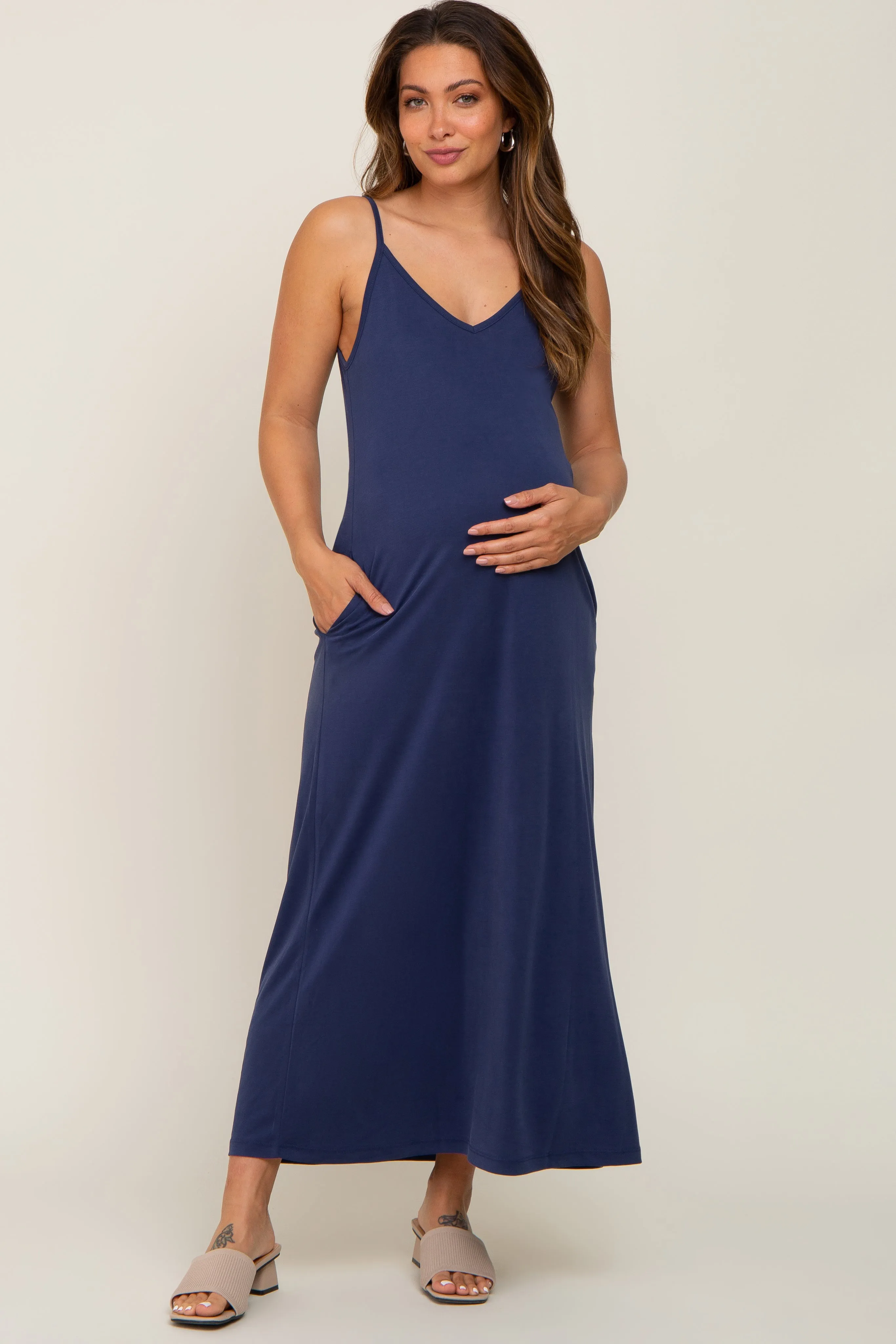 Navy Blue Sleeveless V-Neck Maternity Maxi Dress sold by Pinkblush