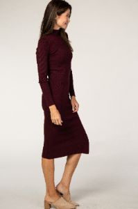 Burgundy Ribbed Fitted Mock Neck Long Sleeve Midi Dress sold by Pinkblush