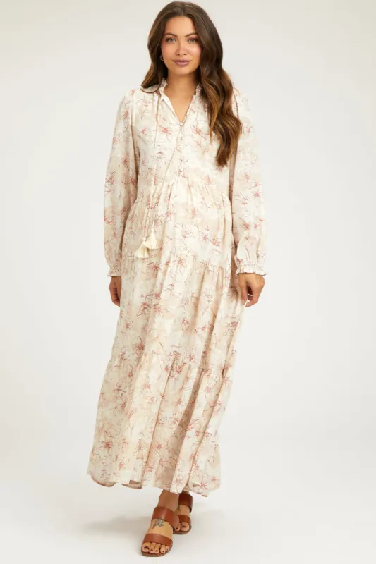 Rust Floral Tassel Tiered Long Sleeve Maternity Maxi Dress sold by Pinkblush