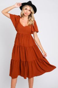 Rust Tiered Criss Cross Back Midi Dress sold by Pinkblush