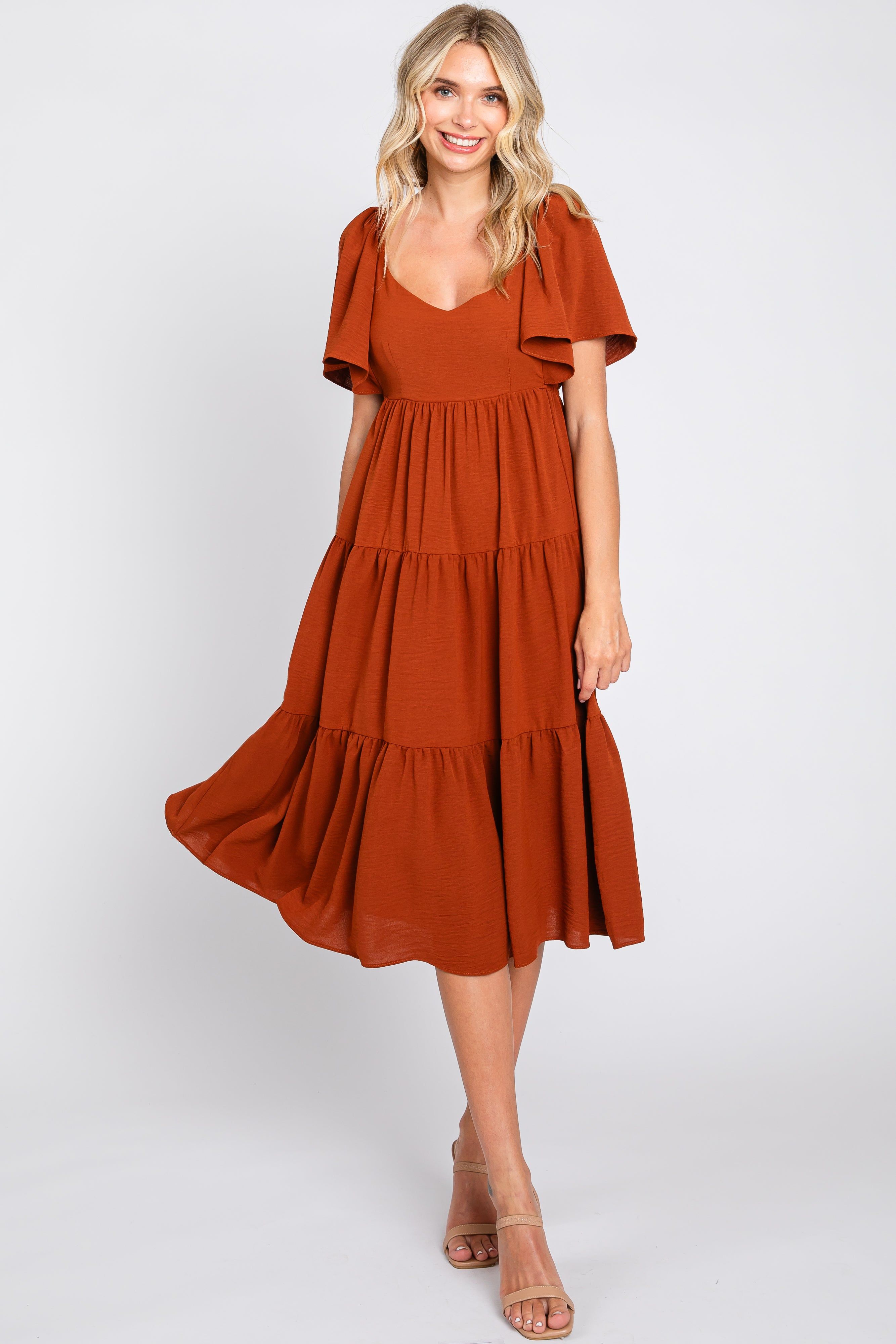 Rust Tiered Criss Cross Back Midi Dress sold by Pinkblush