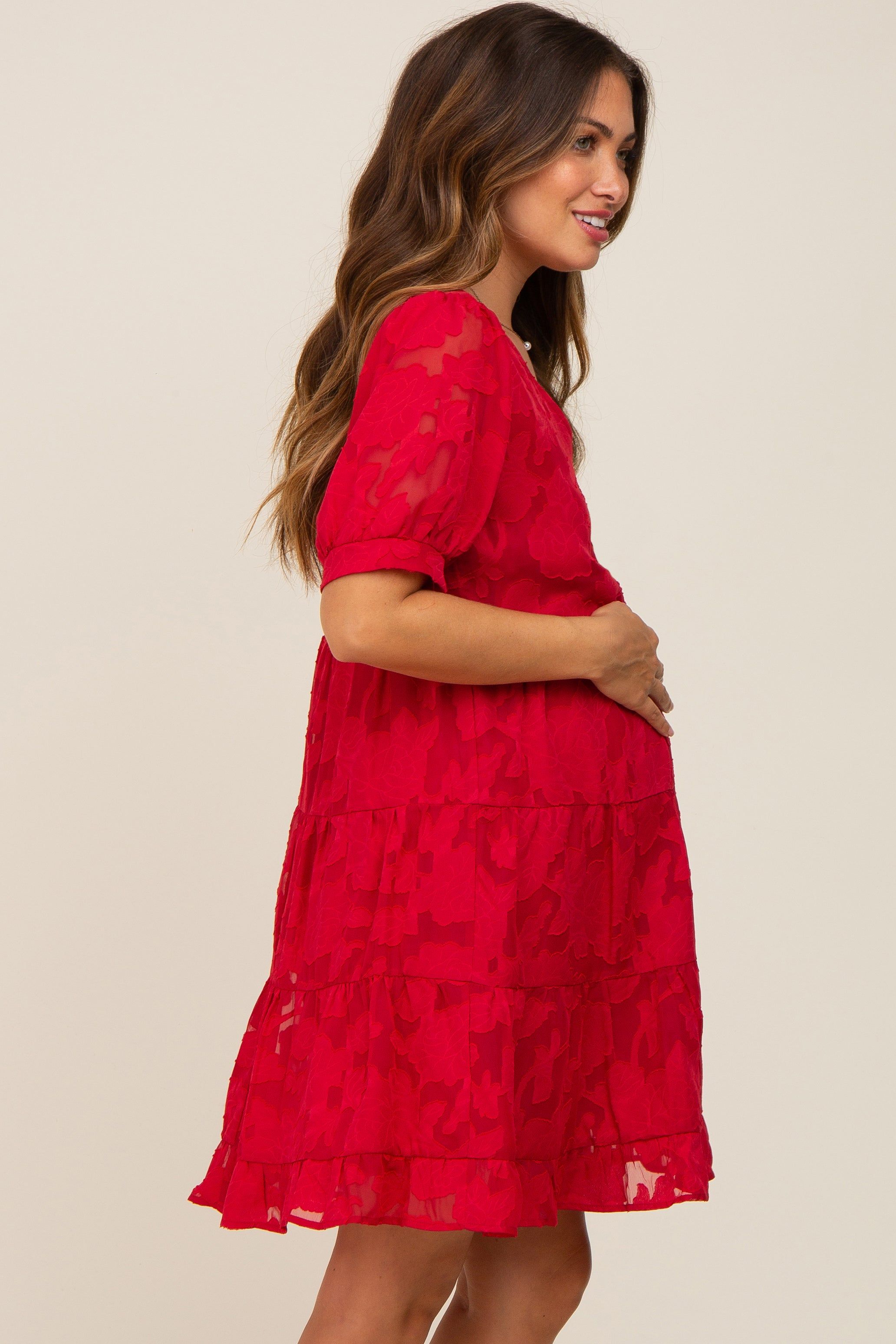 Red Floral Jacquard Puff Sleeve Maternity Dress sold by Pinkblush product image thumbnail 3