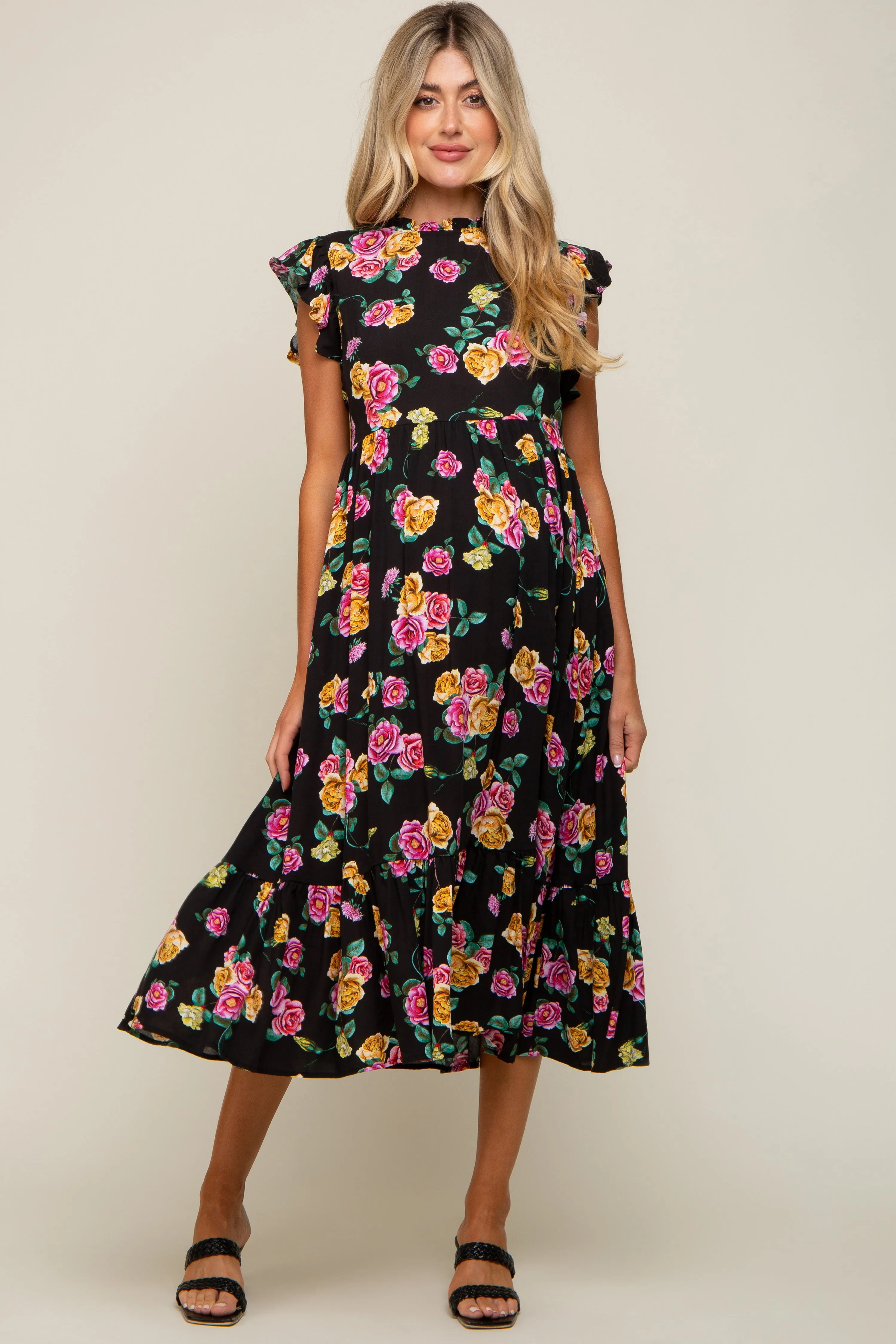 Black Floral Ruffle Shoulder Mock Neck Maternity Midi Dress sold by Pinkblush product image thumbnail 4