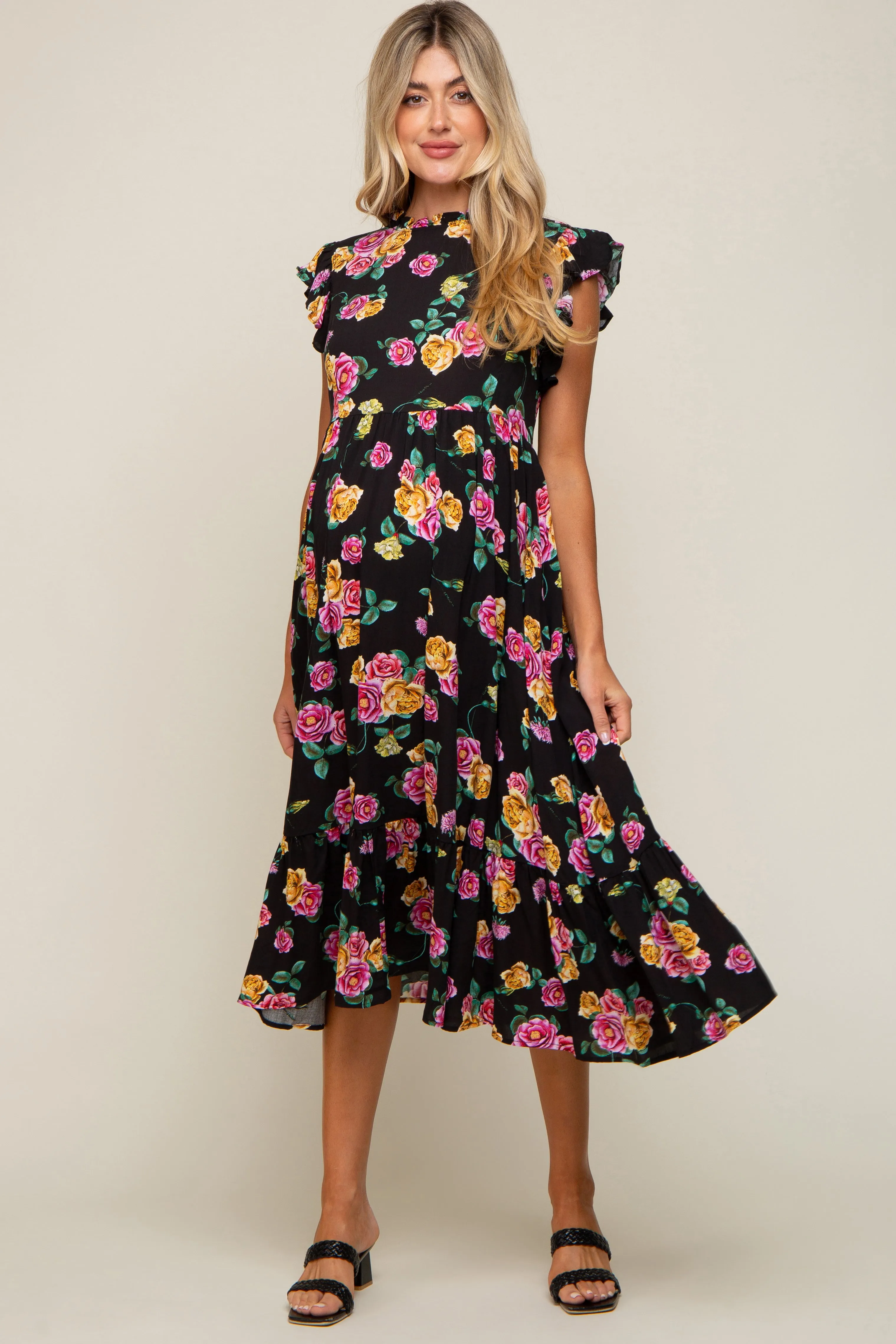 Black Floral Ruffle Shoulder Mock Neck Maternity Midi Dress sold by Pinkblush