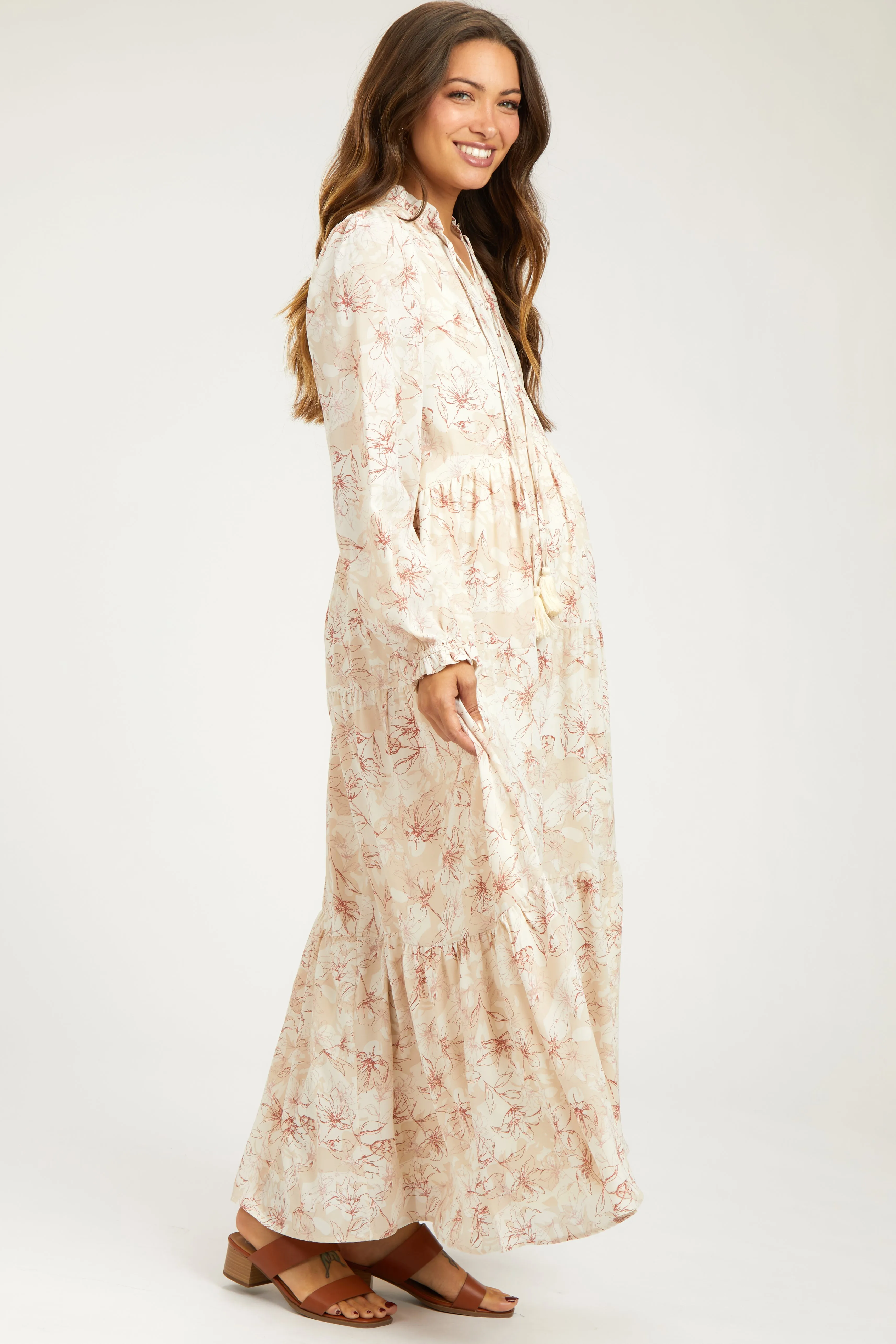 Rust Floral Tassel Tiered Long Sleeve Maternity Maxi Dress sold by Pinkblush product image thumbnail 2