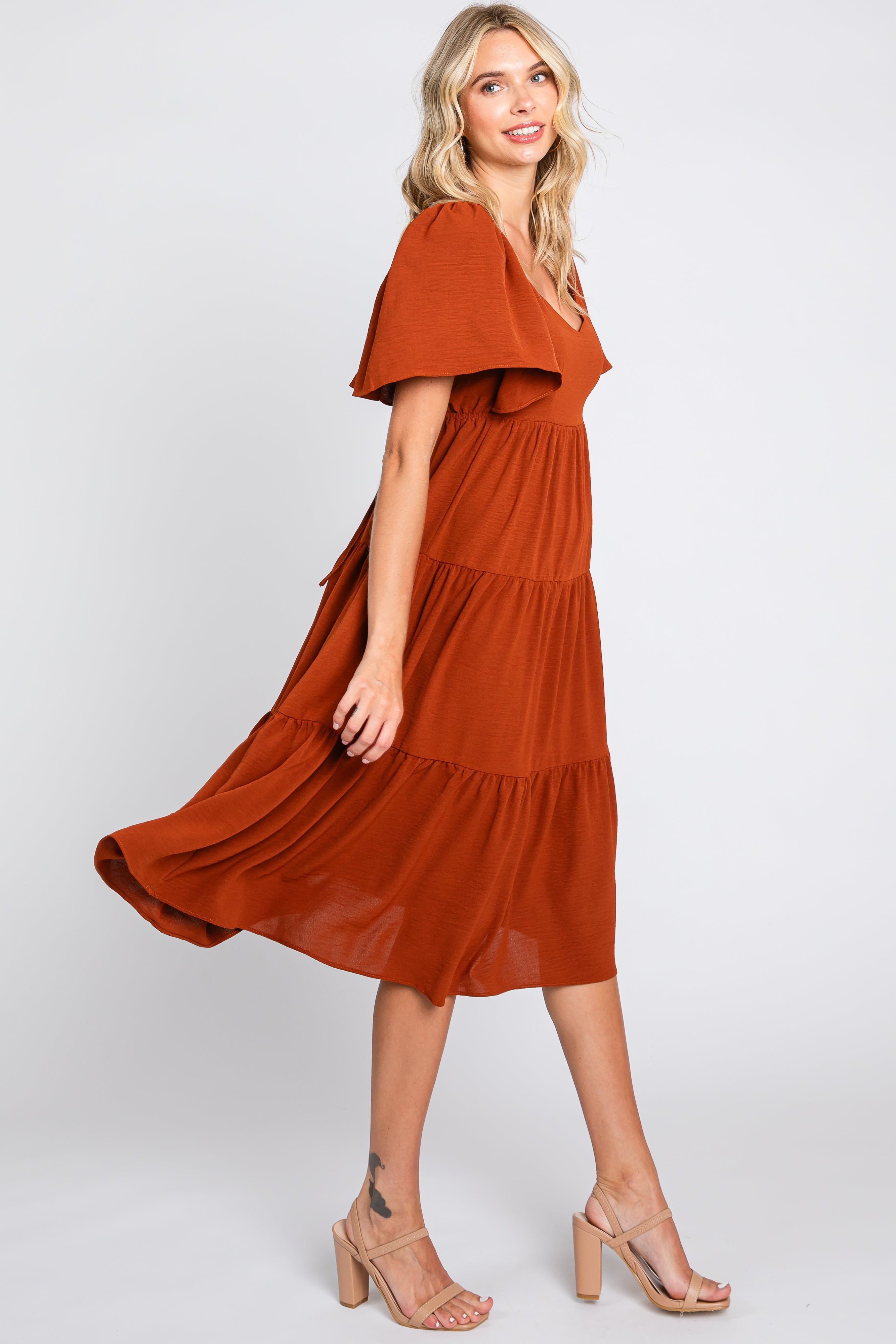 Rust Tiered Criss Cross Back Midi Dress sold by Pinkblush product image thumbnail 2