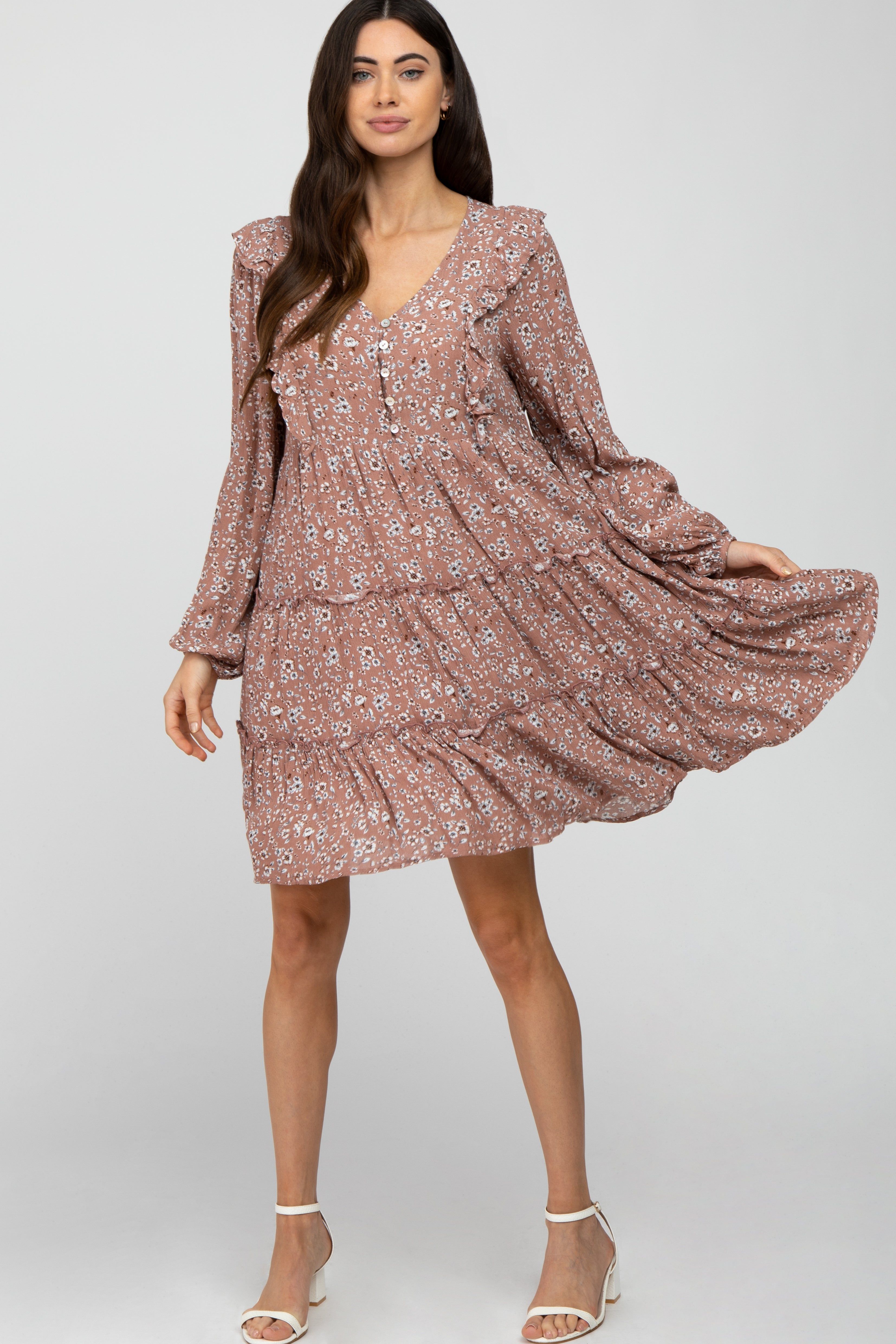 Mauve Floral Ruffle Tiered Dress sold by Pinkblush