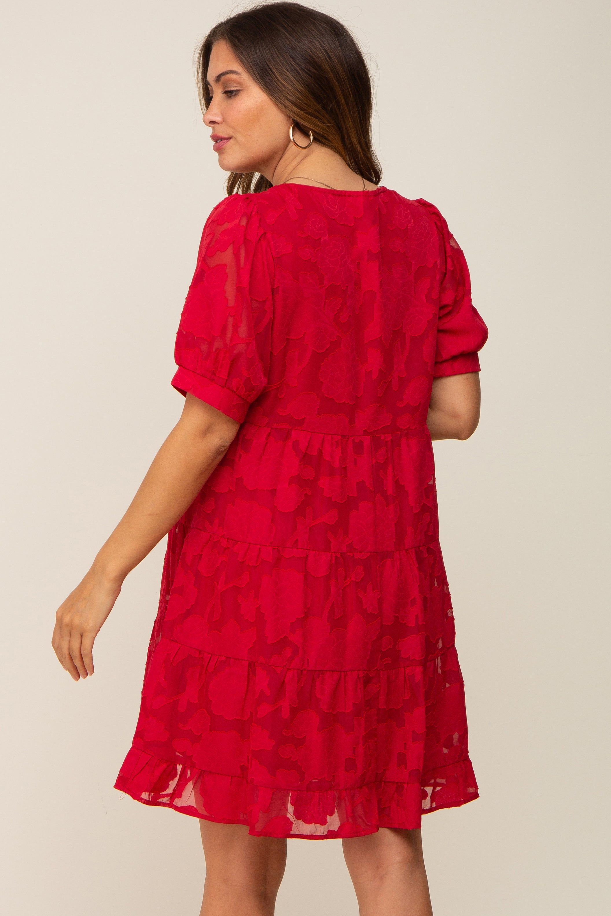 Red Floral Jacquard Puff Sleeve Maternity Dress sold by Pinkblush product image thumbnail 4