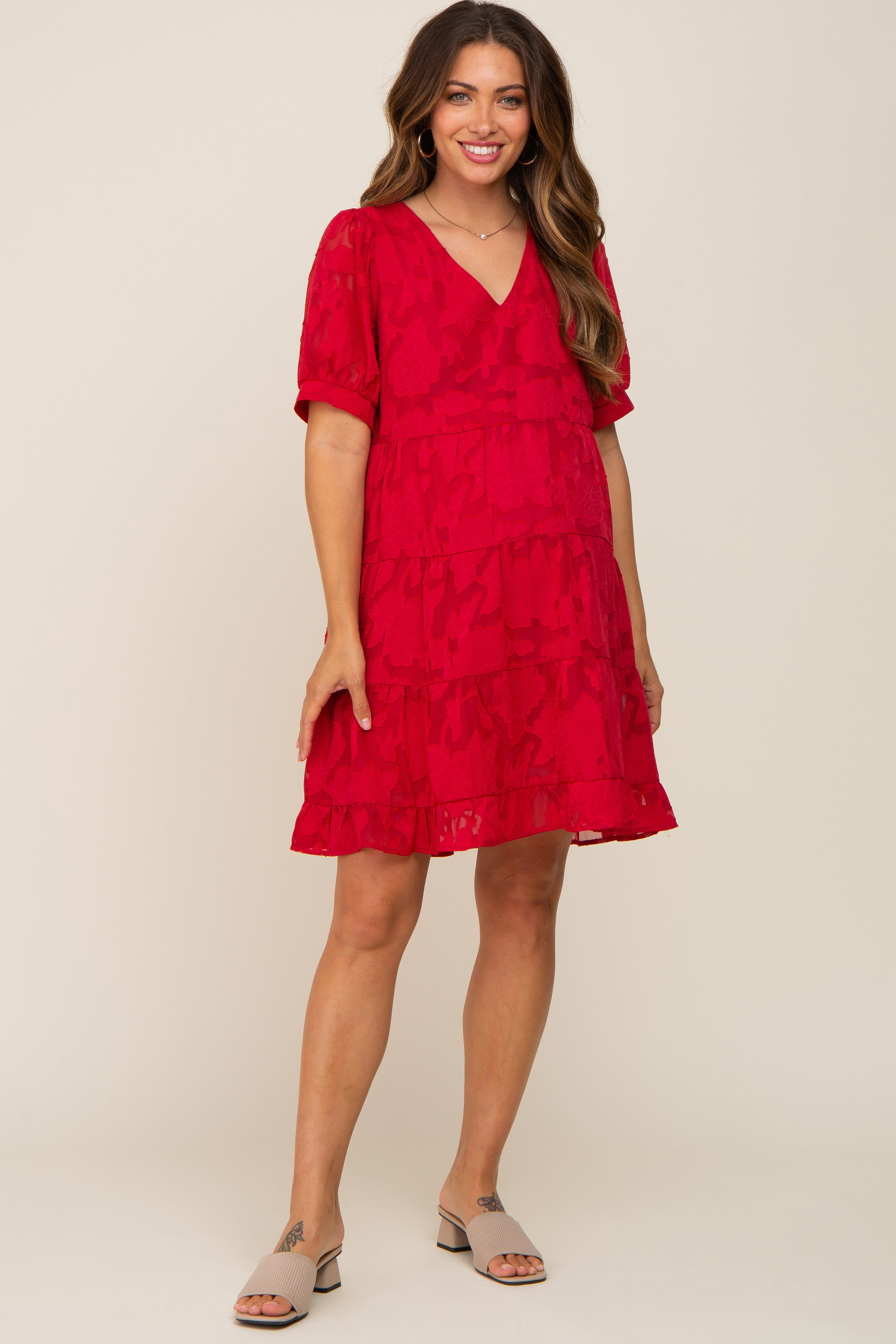 Red Floral Jacquard Puff Sleeve Maternity Dress sold by Pinkblush