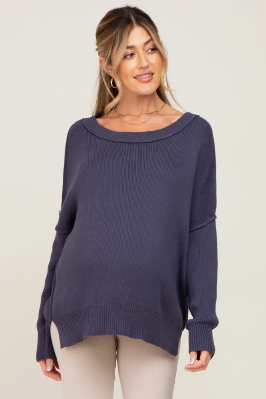 Navy Exposed Seam Side Slit Maternity Sweater sold by Pinkblush