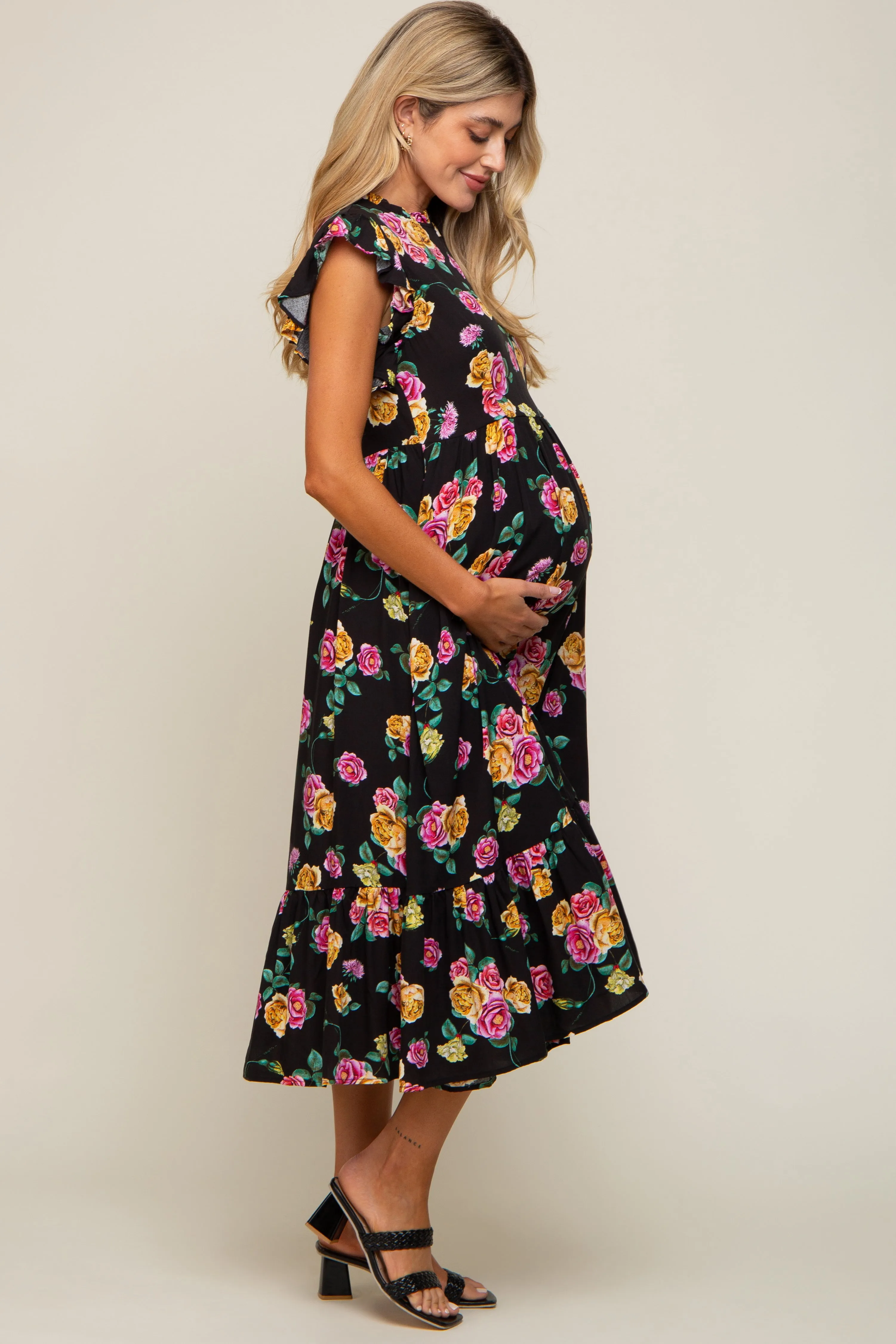 Black Floral Ruffle Shoulder Mock Neck Maternity Midi Dress sold by Pinkblush product image thumbnail 2