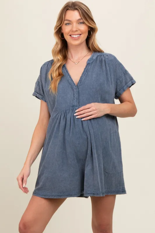 Blue Cuffed Sleeve Maternity Romper sold by Pinkblush