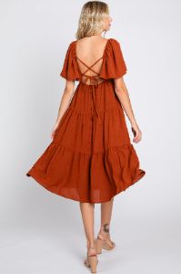 Rust Tiered Criss Cross Back Midi Dress sold by Pinkblush