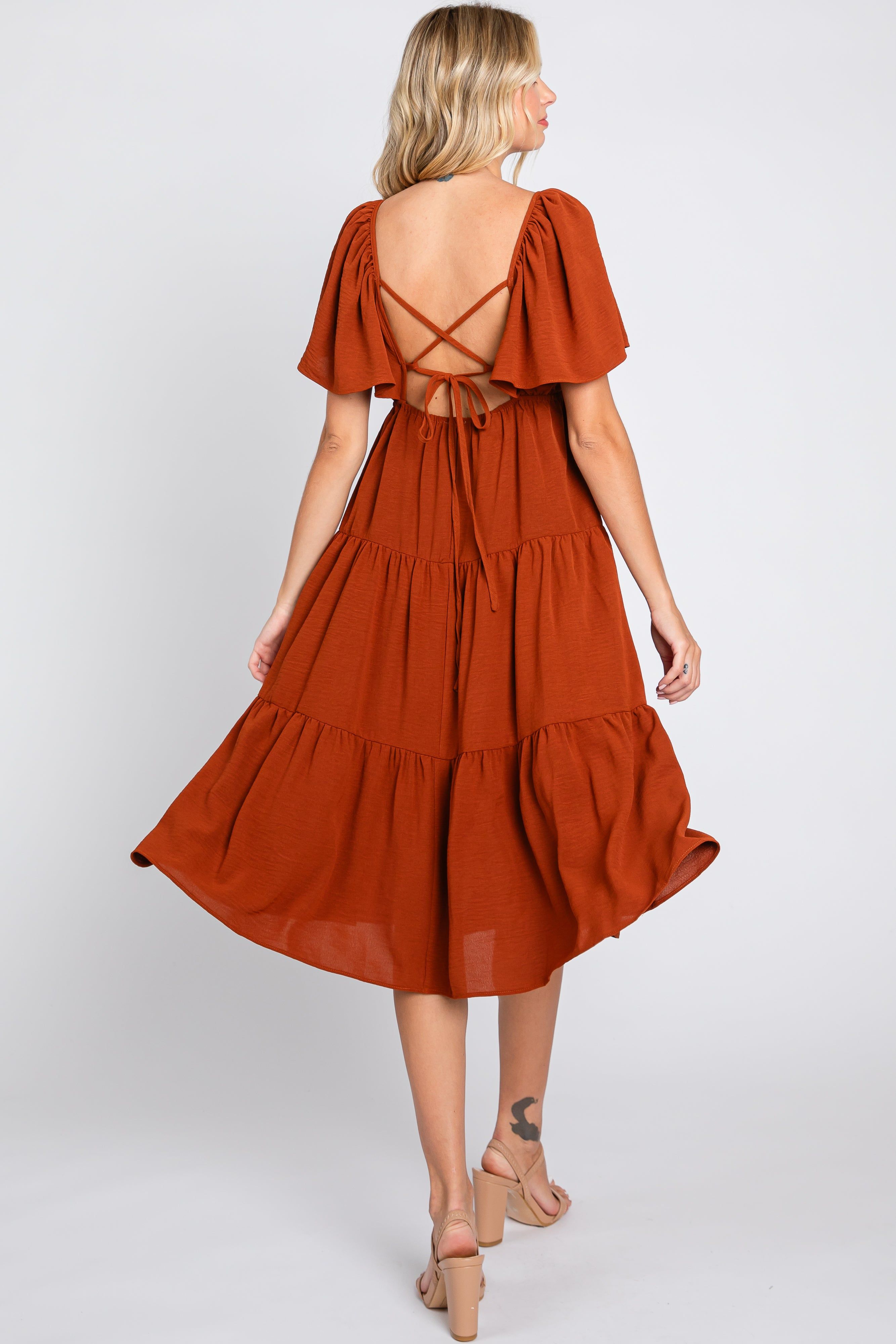 Rust Tiered Criss Cross Back Midi Dress sold by Pinkblush product image thumbnail 3