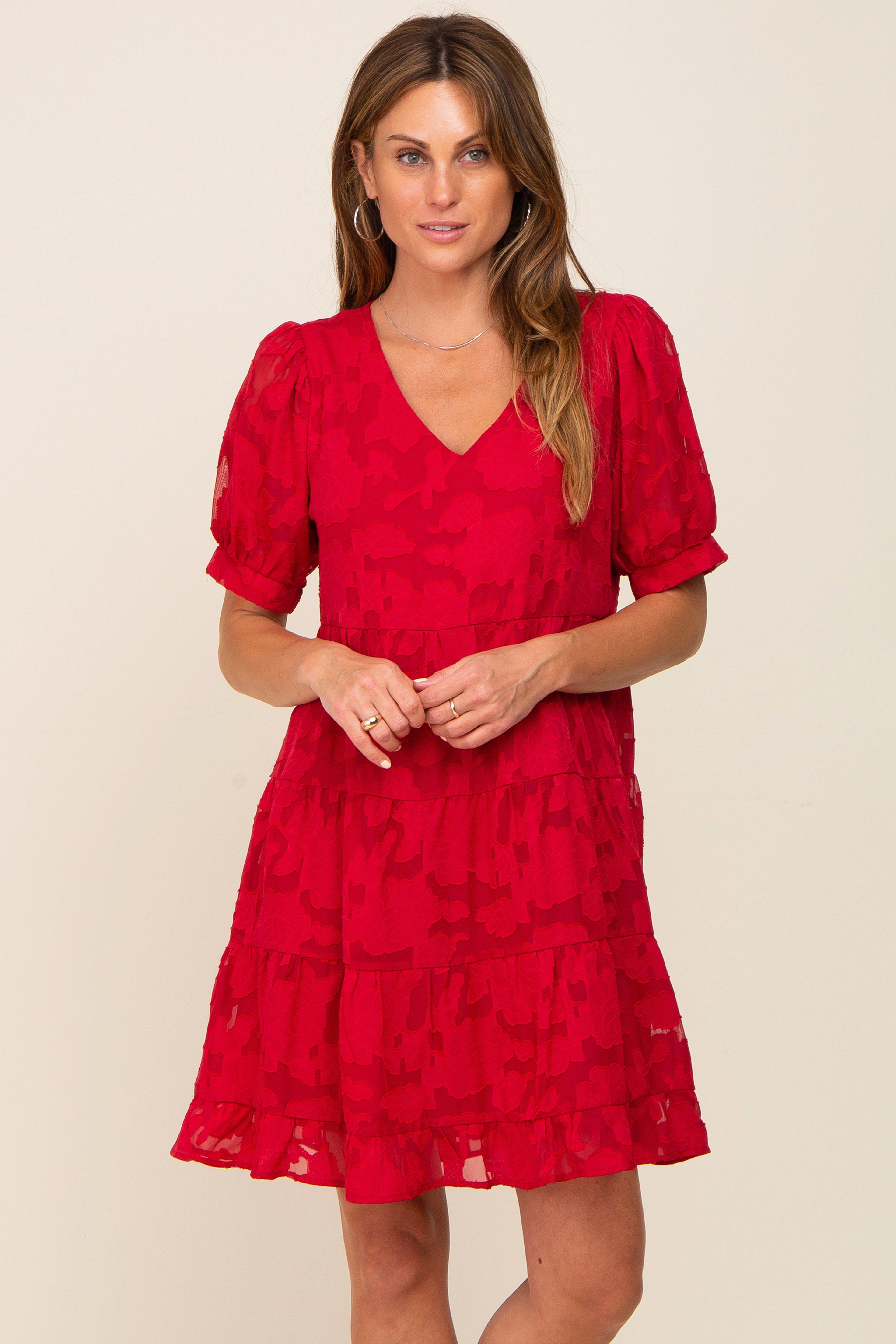 Red Floral Jacquard Puff Sleeve Maternity Dress sold by Pinkblush product image thumbnail 5