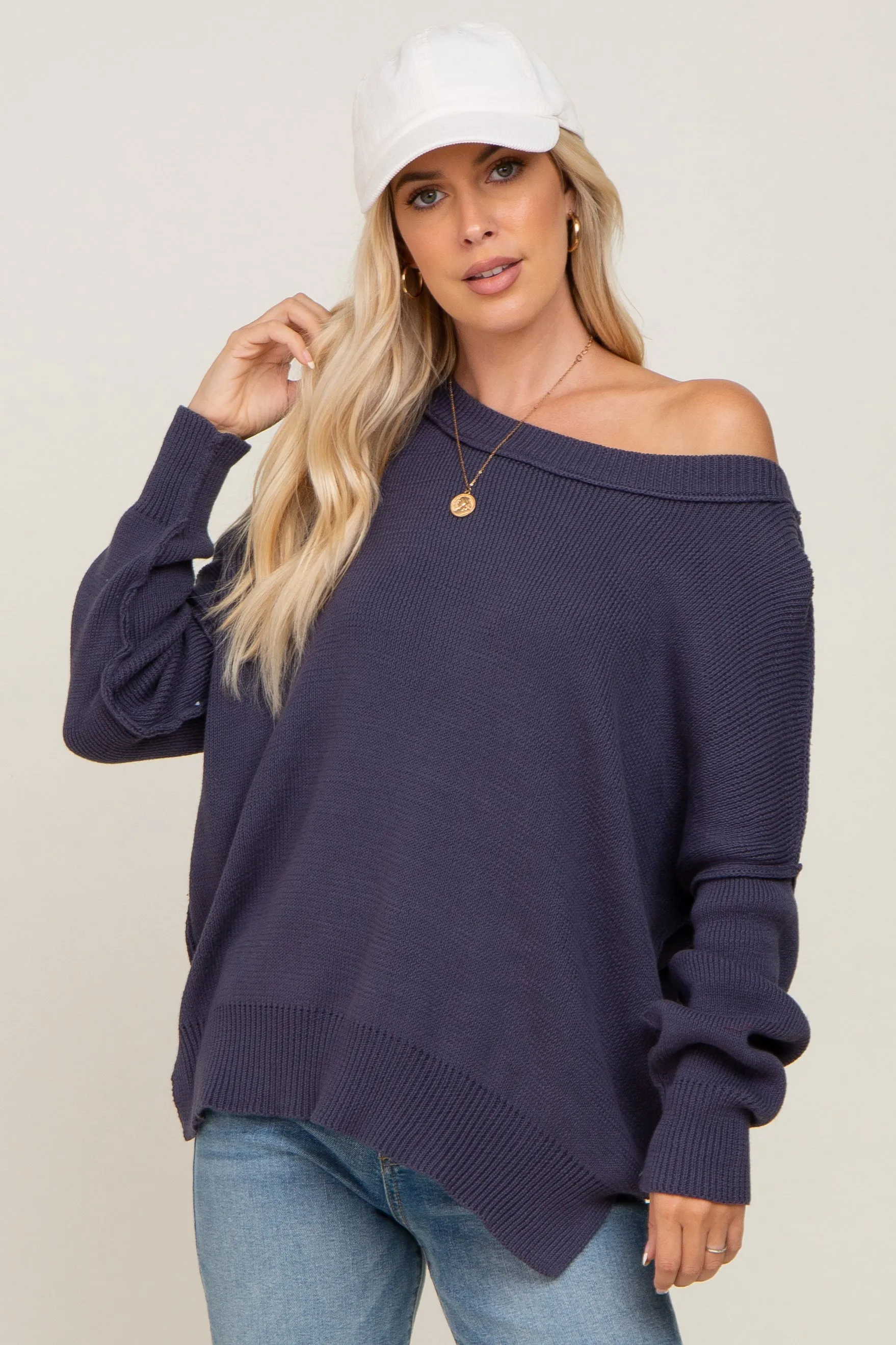 Navy Exposed Seam Side Slit Maternity Sweater sold by Pinkblush product image thumbnail 5