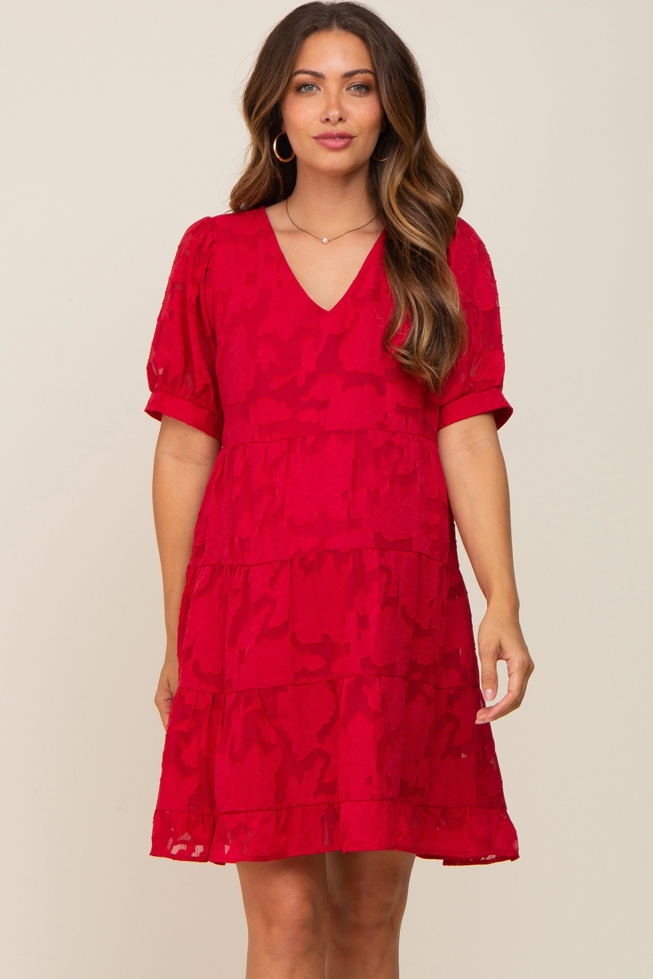 Red Floral Jacquard Puff Sleeve Maternity Dress sold by Pinkblush product image thumbnail 2