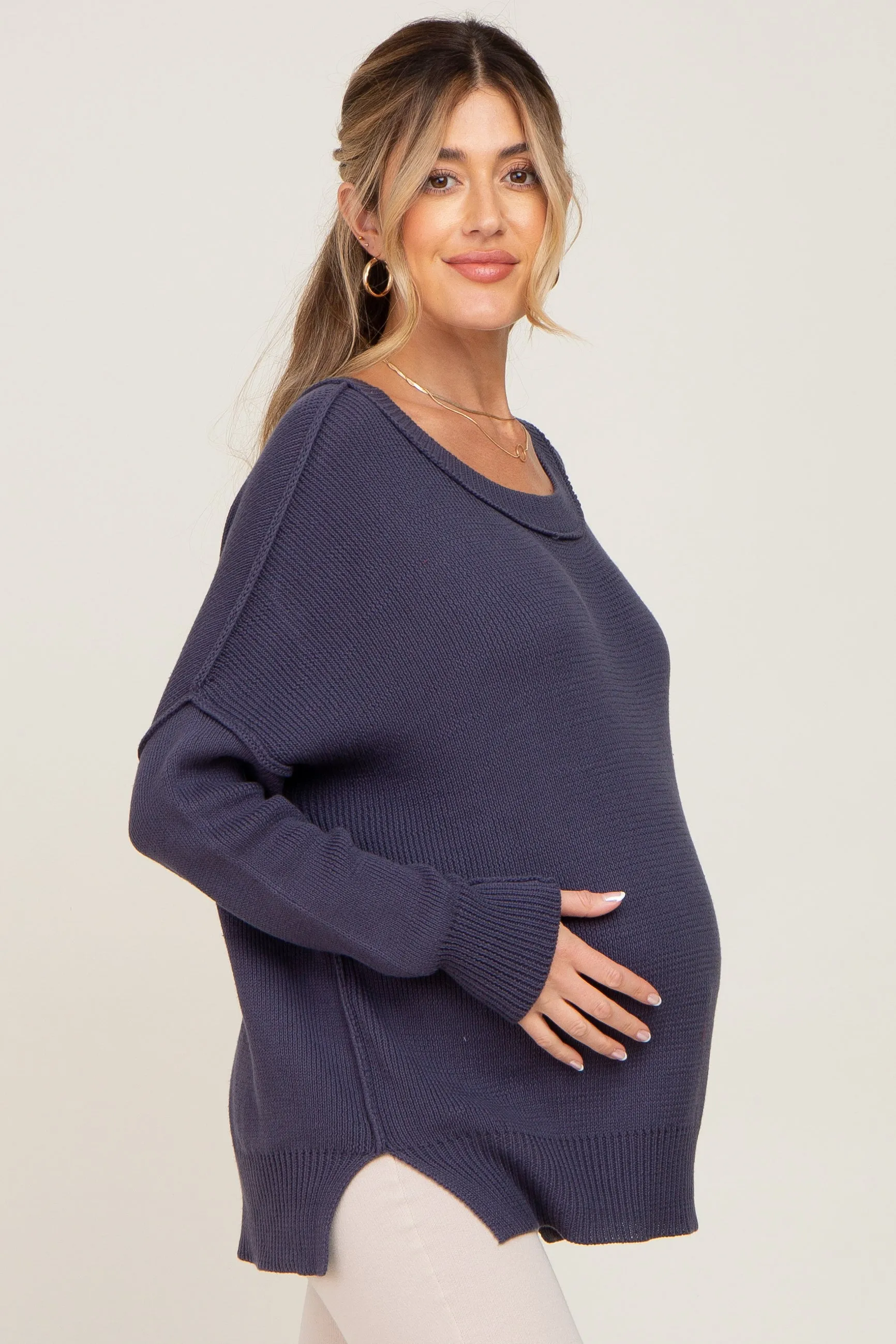 Navy Exposed Seam Side Slit Maternity Sweater sold by Pinkblush product image thumbnail 2