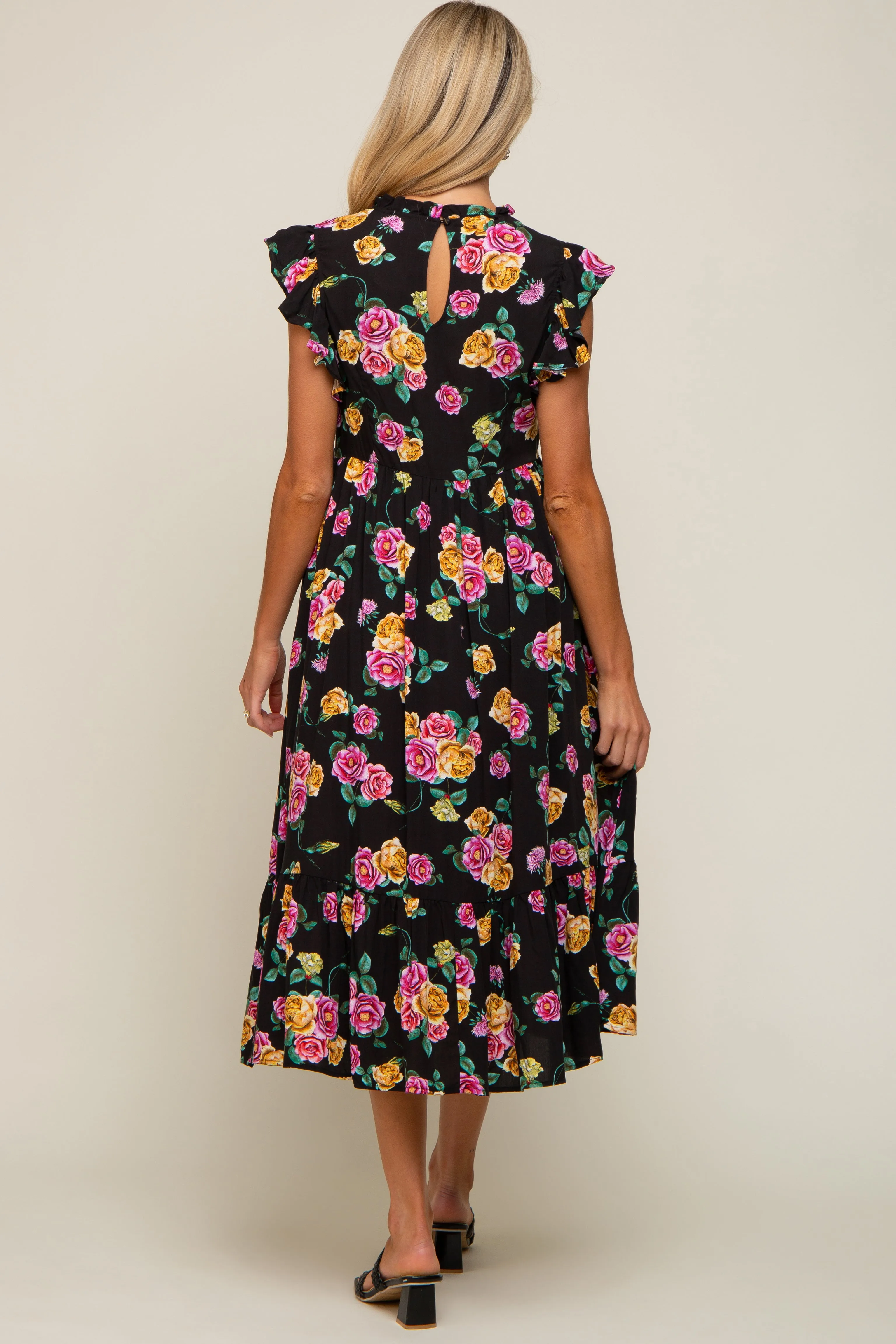 Black Floral Ruffle Shoulder Mock Neck Maternity Midi Dress sold by Pinkblush product image thumbnail 3