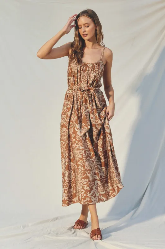 Camel Sleeveless Tie Waist Midi Dress sold by Pinkblush