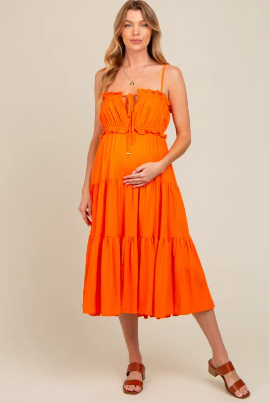 Orange Front Tie Cutout Tiered Maternity Midi Dress sold by Pinkblush
