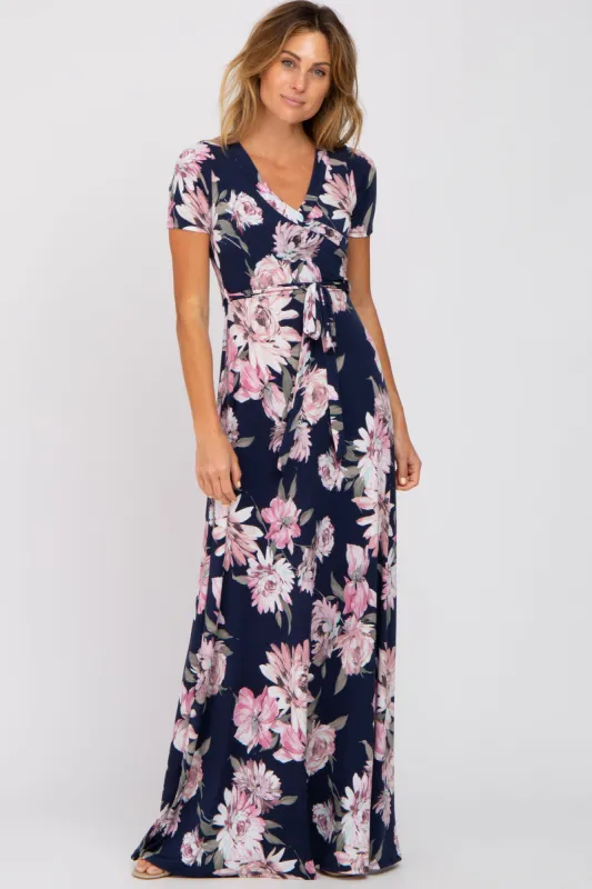 Navy Blue Floral Wrap Nursing Maxi Dress sold by Pinkblush
