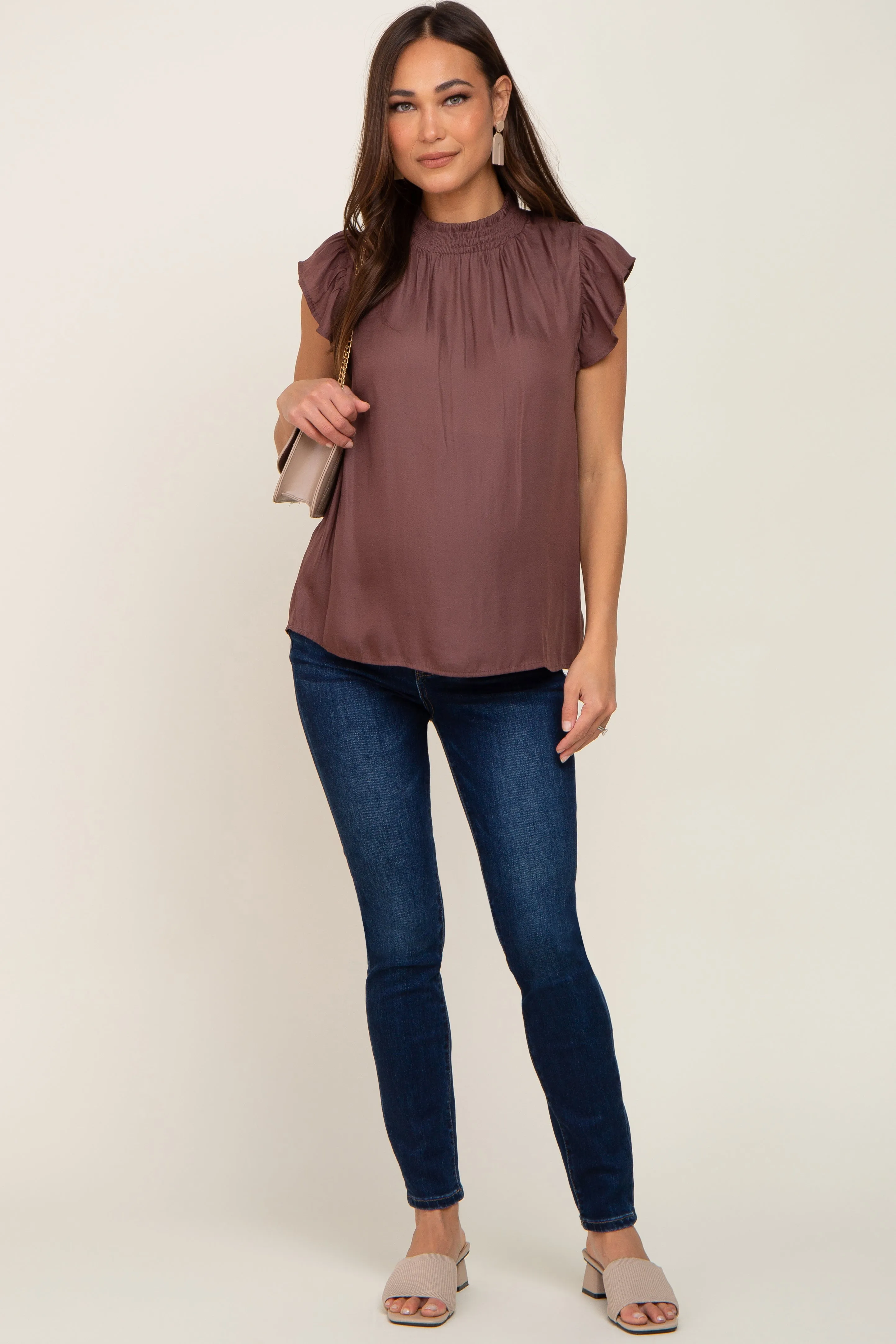 Brown Mock Neck Flutter Maternity Blouse sold by Pinkblush product image thumbnail 5