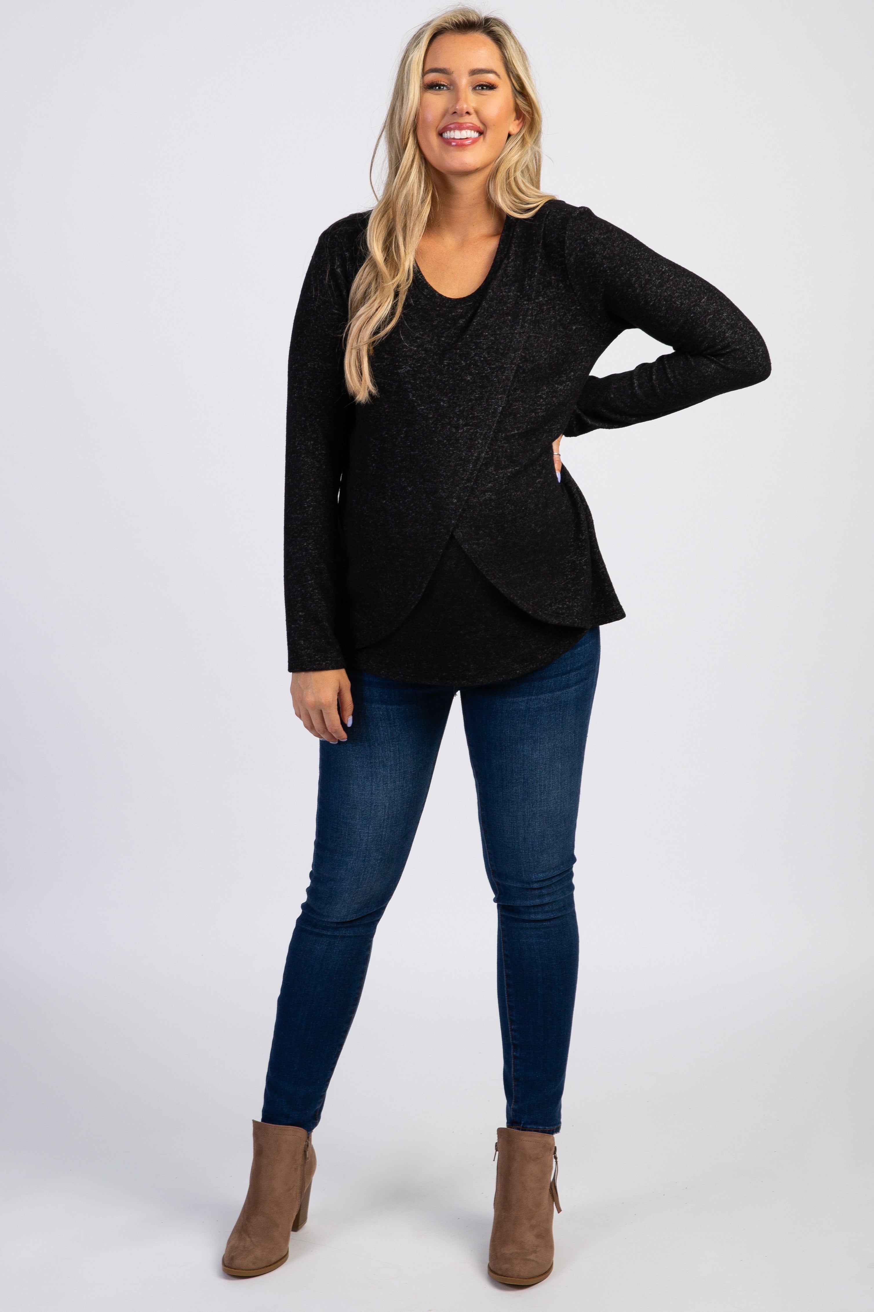PinkBlush Black Heathered Long Sleeve Wrap Maternity Nursing Top sold by Pinkblush product image thumbnail 5