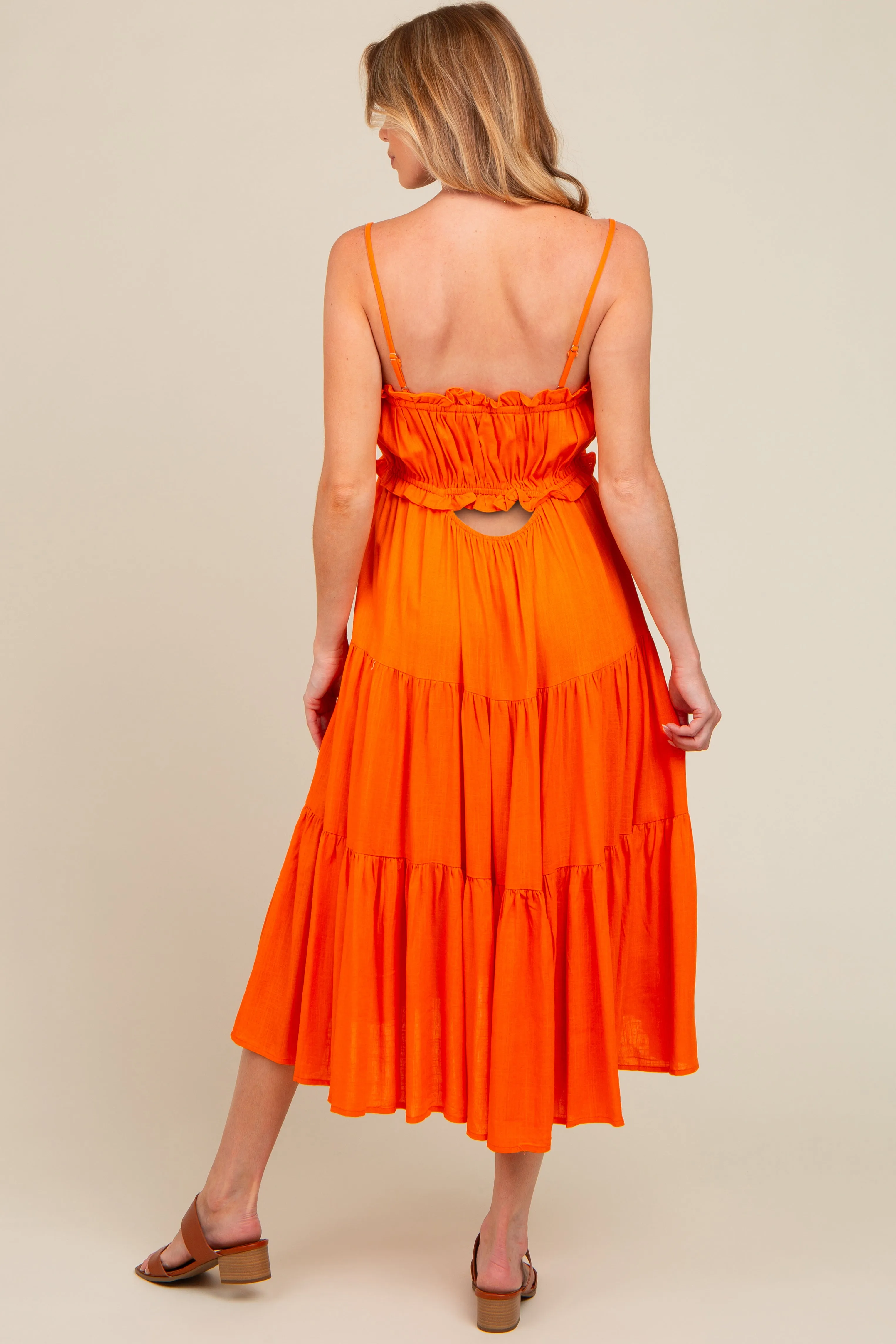 Orange Front Tie Cutout Tiered Maternity Midi Dress sold by Pinkblush product image thumbnail 2