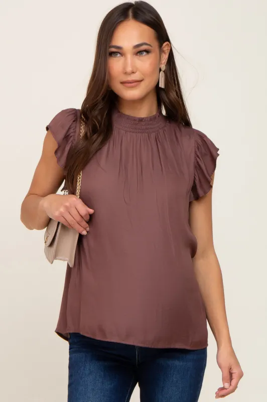 Brown Mock Neck Flutter Maternity Blouse sold by Pinkblush