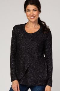 PinkBlush Black Heathered Long Sleeve Wrap Maternity Nursing Top sold by Pinkblush