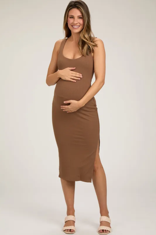 Camel Ribbed Knit Sleeveless Side Slit Maternity Dress sold by Pinkblush