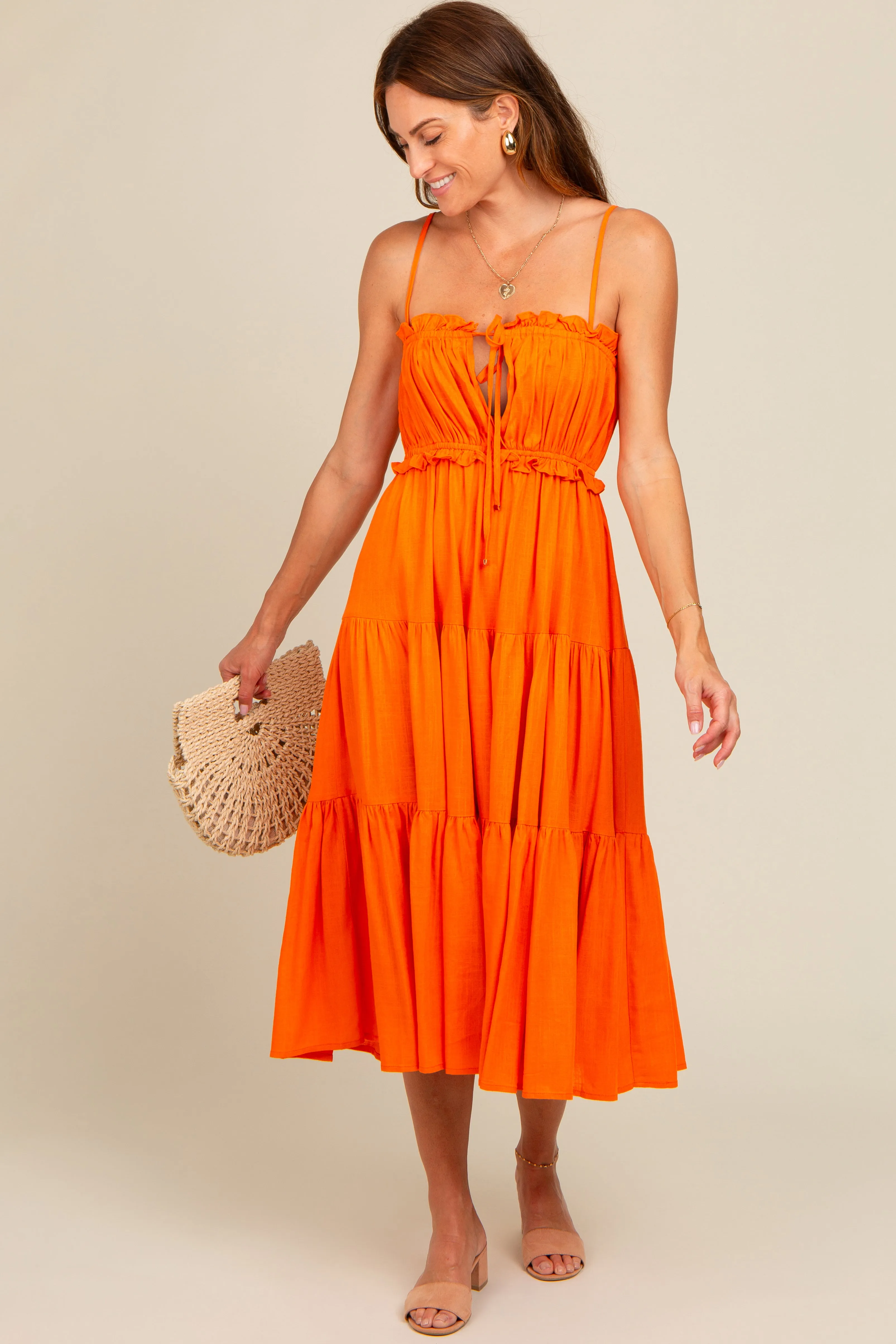 Orange Front Tie Cutout Tiered Maternity Midi Dress sold by Pinkblush product image thumbnail 3