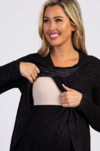 PinkBlush Black Heathered Long Sleeve Wrap Maternity Nursing Top sold by Pinkblush