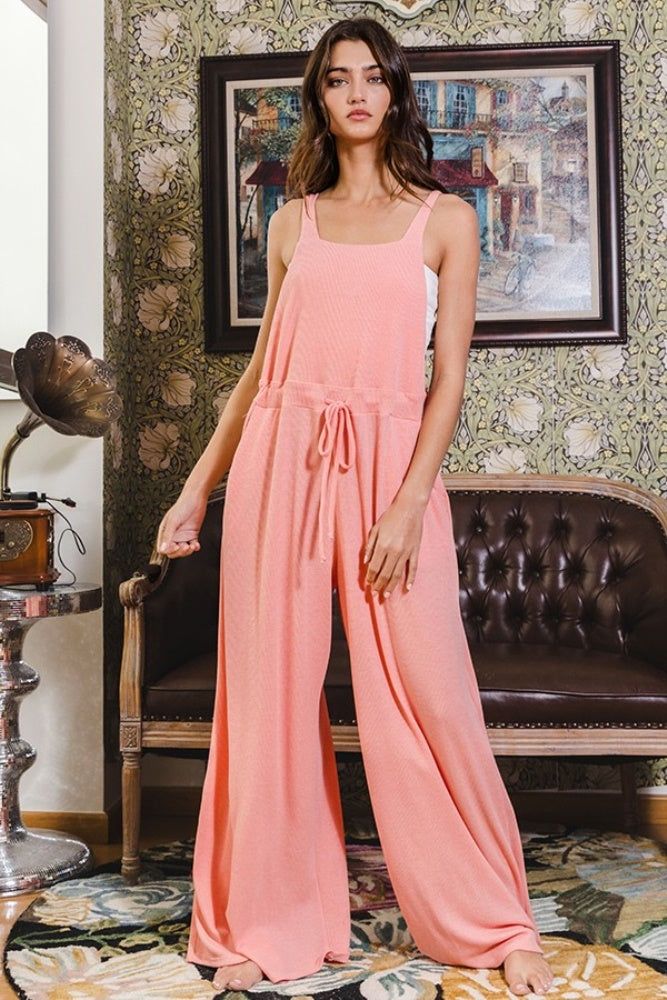 Coral Wide Leg Solid Knit Jumpsuit sold by Pinkblush