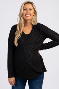 PinkBlush Black Heathered Long Sleeve Wrap Maternity Nursing Top sold by Pinkblush