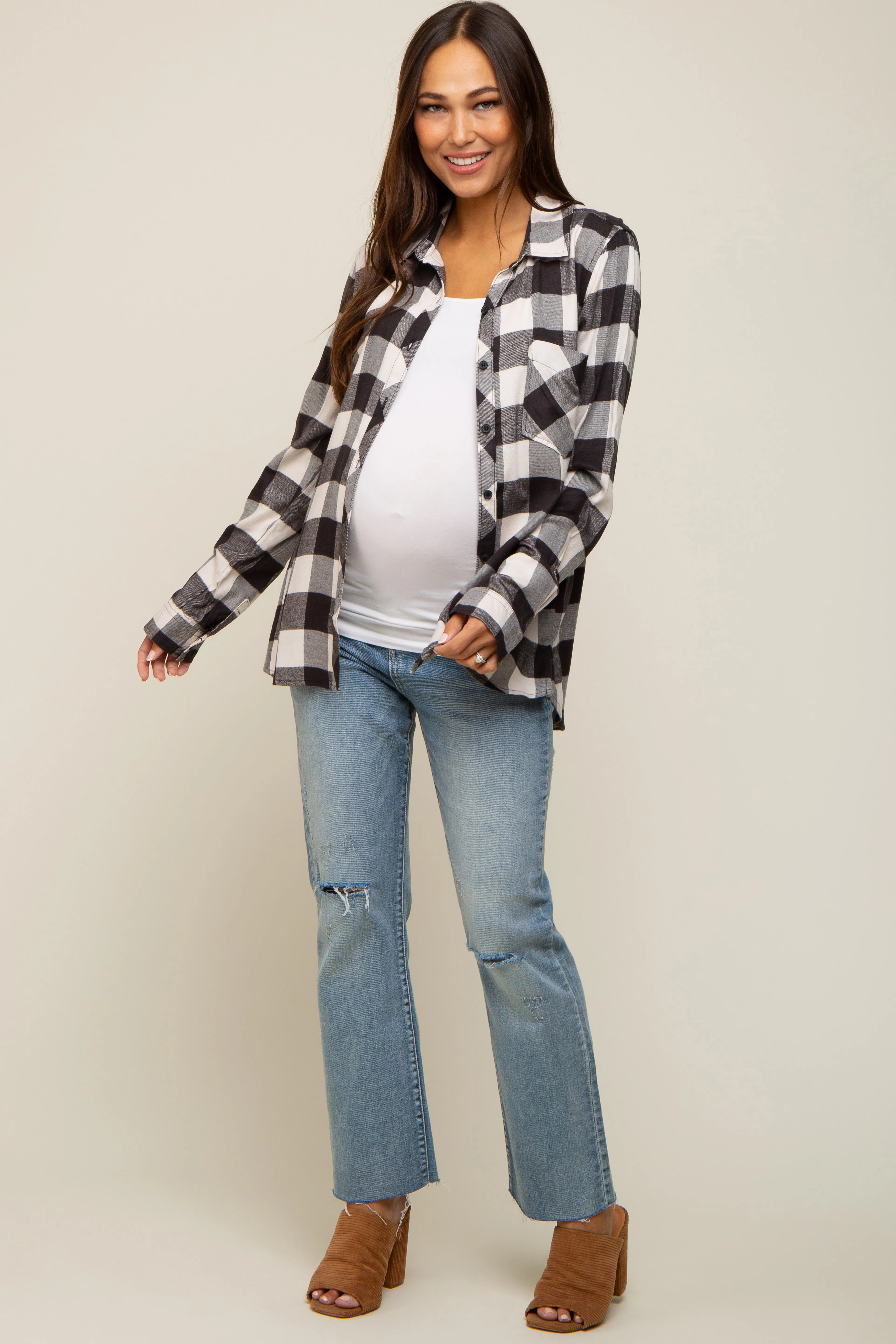 Cream Checkered Maternity Long Sleeve Button Down Top sold by Pinkblush product image thumbnail 4