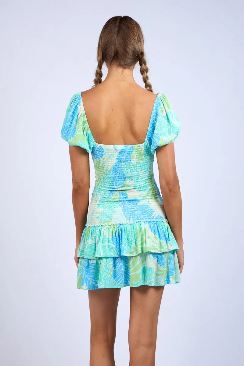 Blue Leaf Print Puff Sleeve Layered Mini Dress sold by Pinkblush product image thumbnail 4
