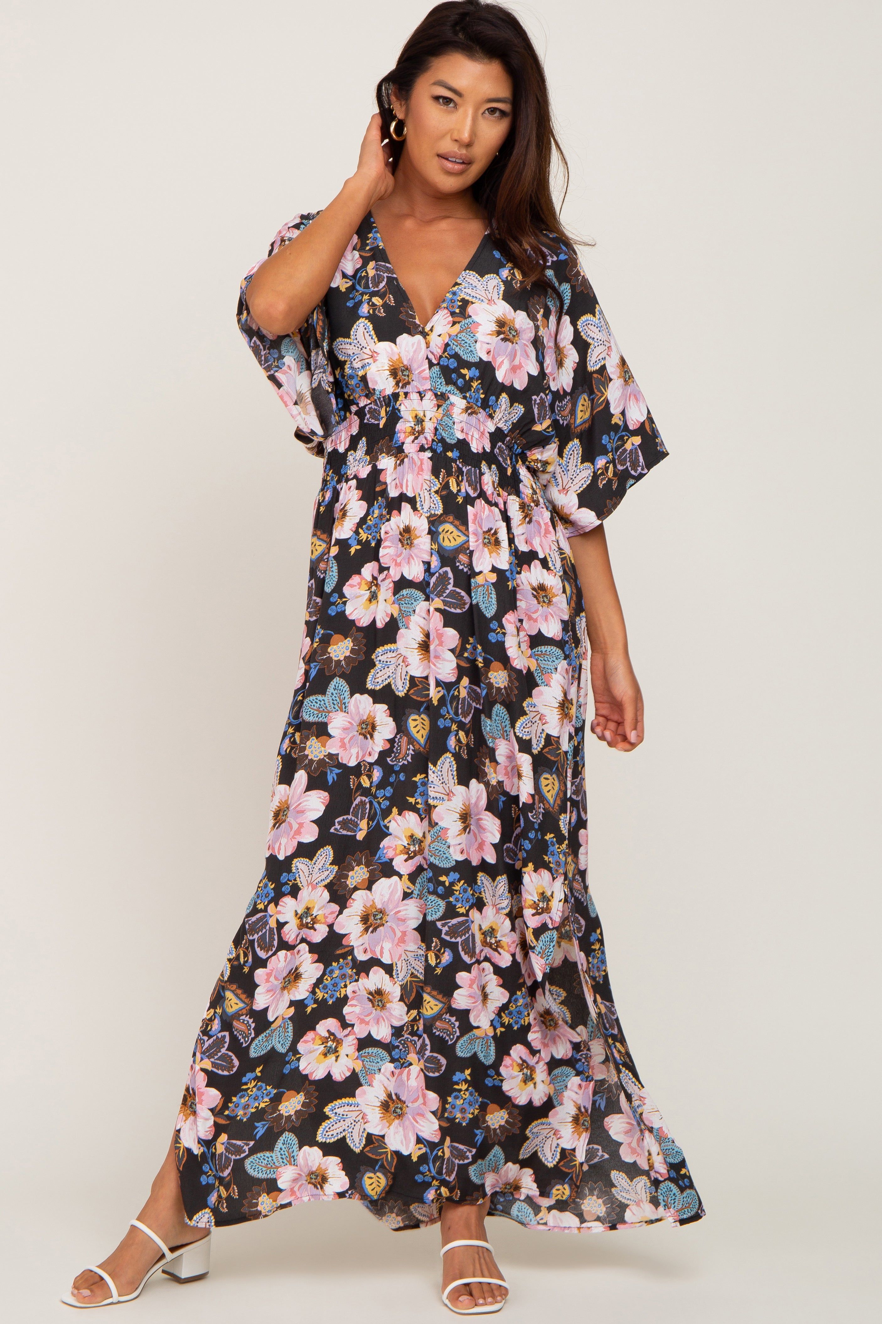 Charcoal Floral Smocked Waist Maternity Maxi Dress sold by Pinkblush product image thumbnail 5