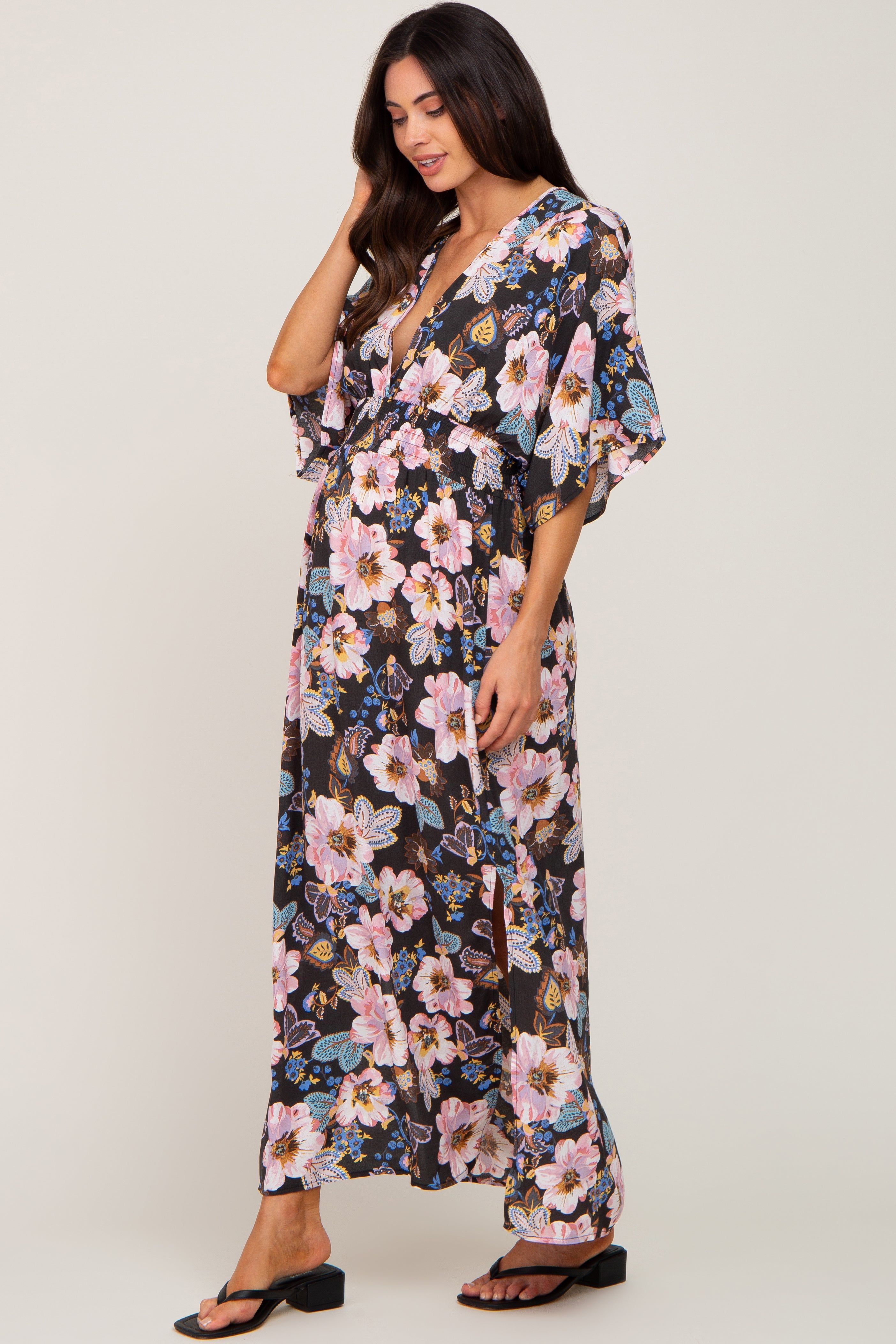 Charcoal Floral Smocked Waist Maternity Maxi Dress sold by Pinkblush product image thumbnail 2