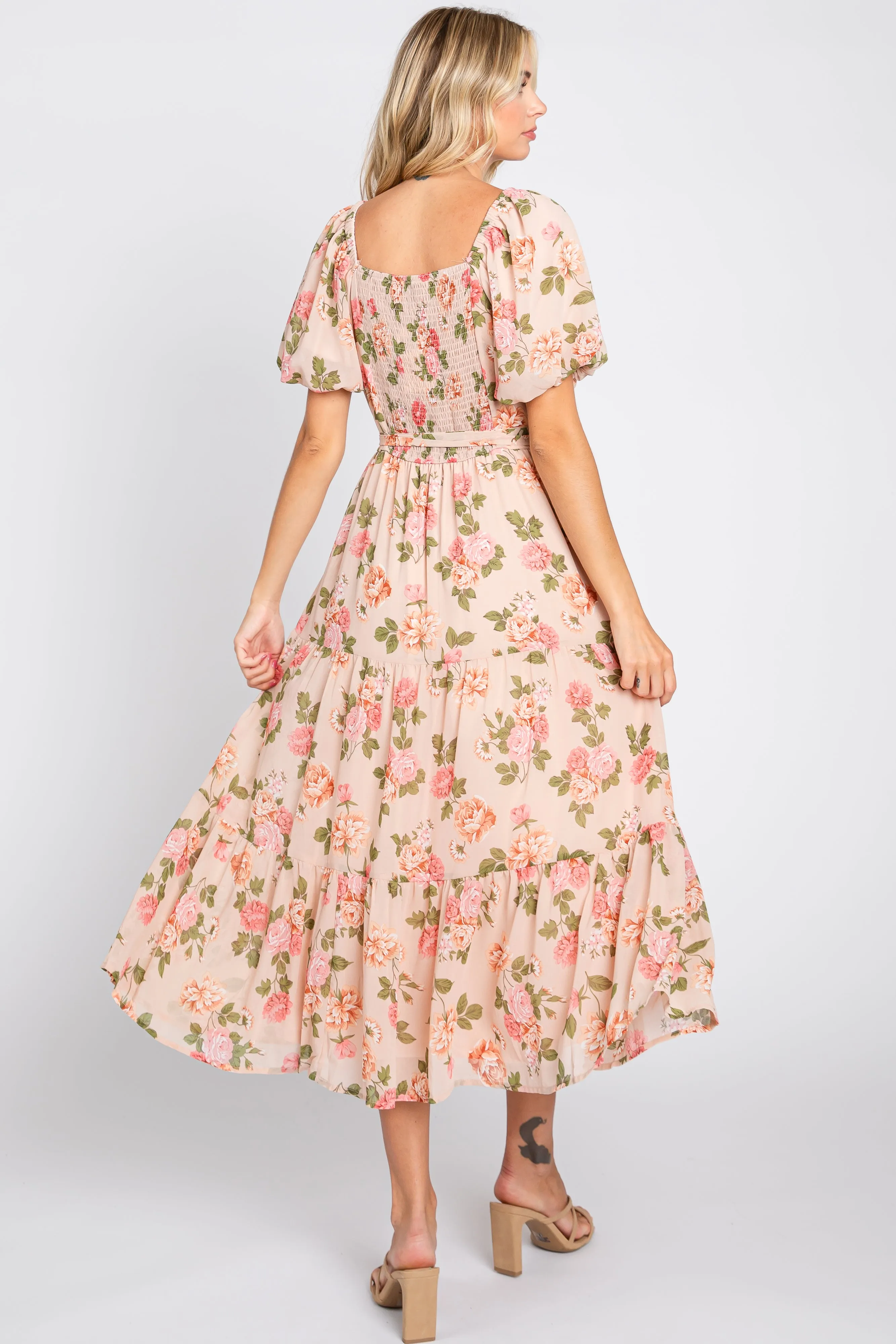 Pink Floral Button Puff Sleeve Midi Dress sold by Pinkblush product image thumbnail 3