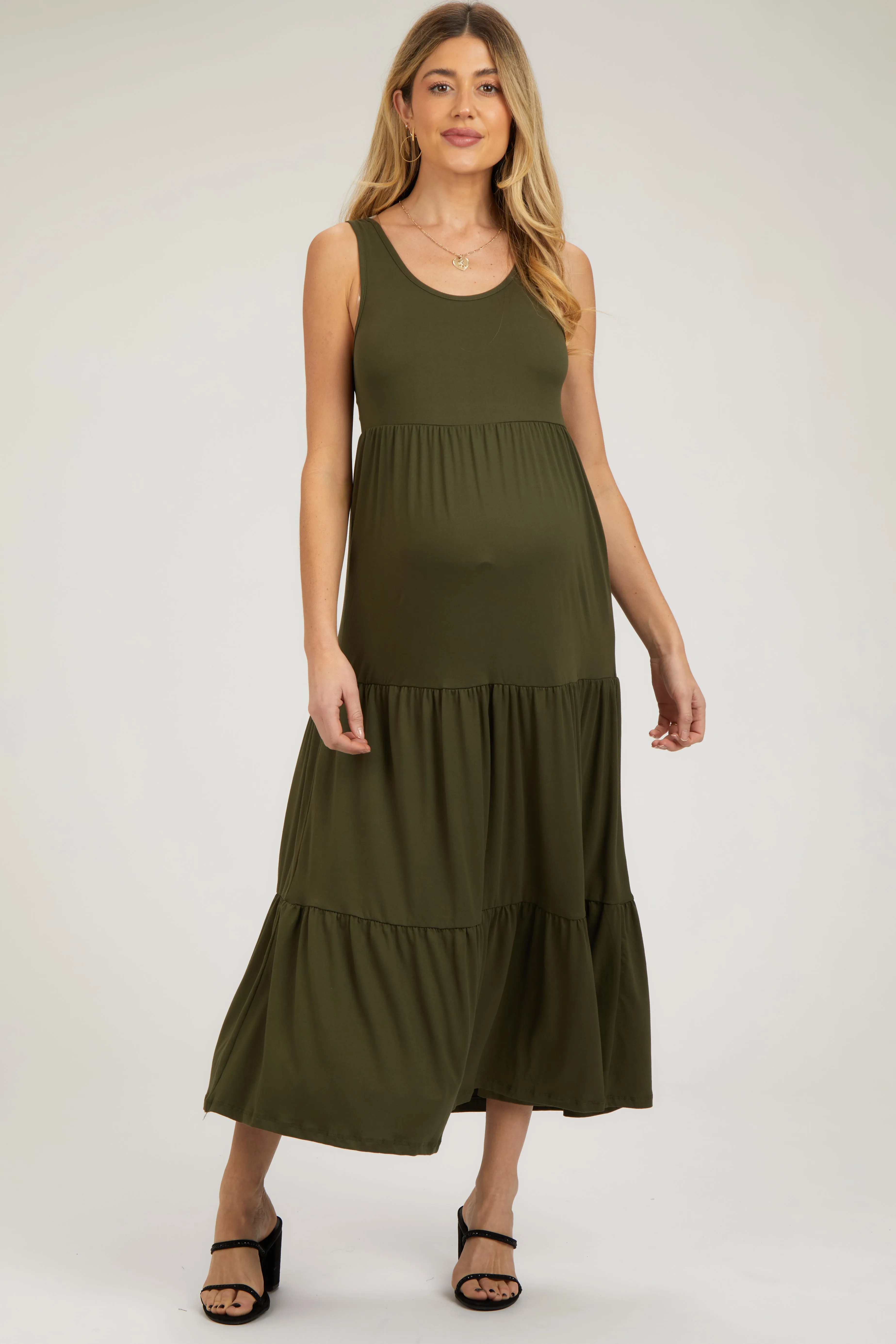 Olive Sleeveless Scoop Back Tiered Maternity Maxi Dress sold by Pinkblush