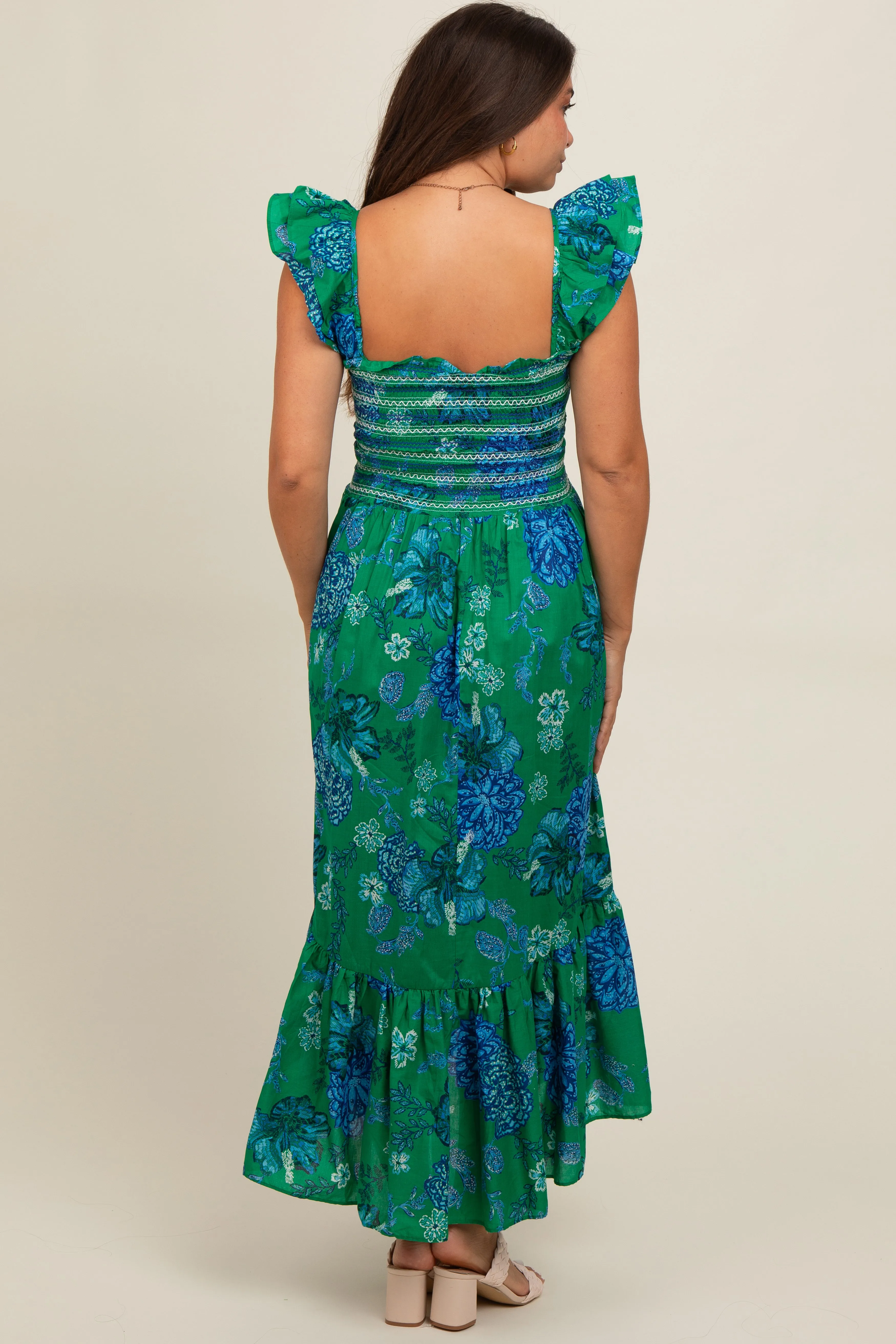 Green Floral Smocked Maternity Midi Dress sold by Pinkblush product image thumbnail 2