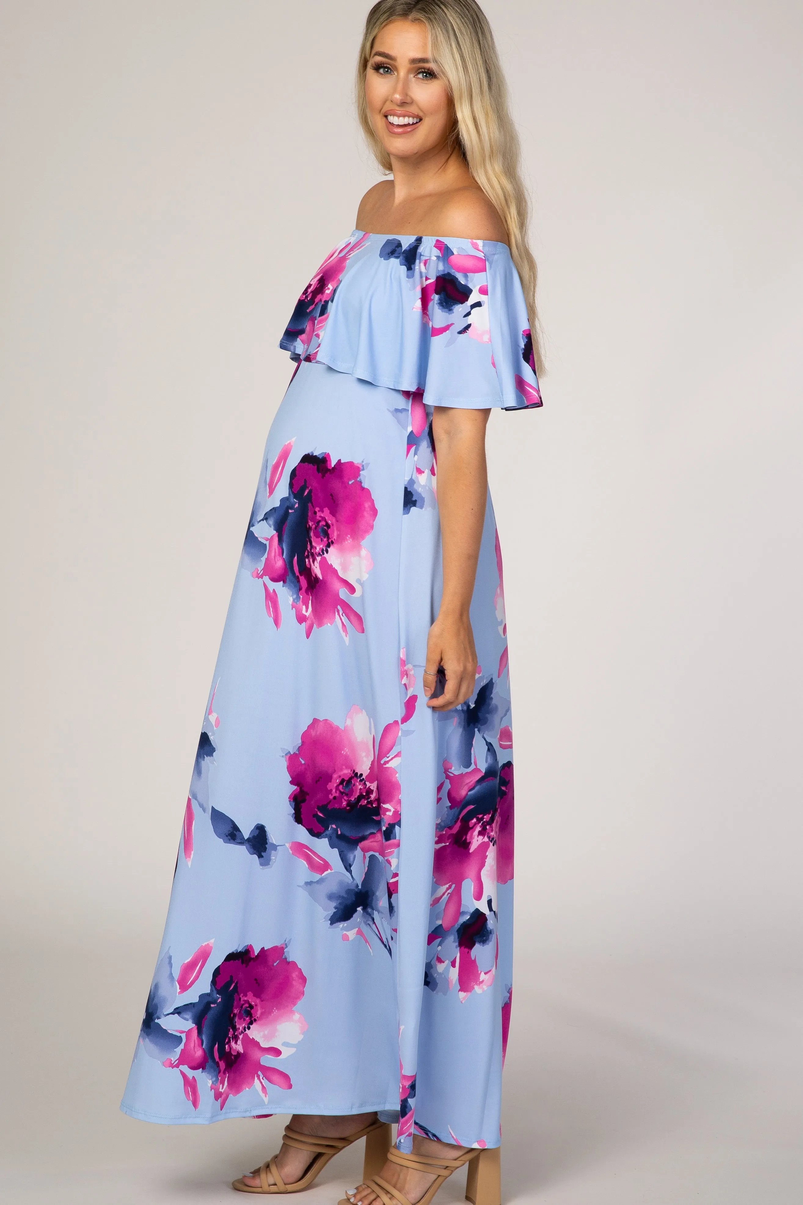 Light Blue Floral Off Shoulder Maternity Maxi Dress sold by Pinkblush product image thumbnail 2