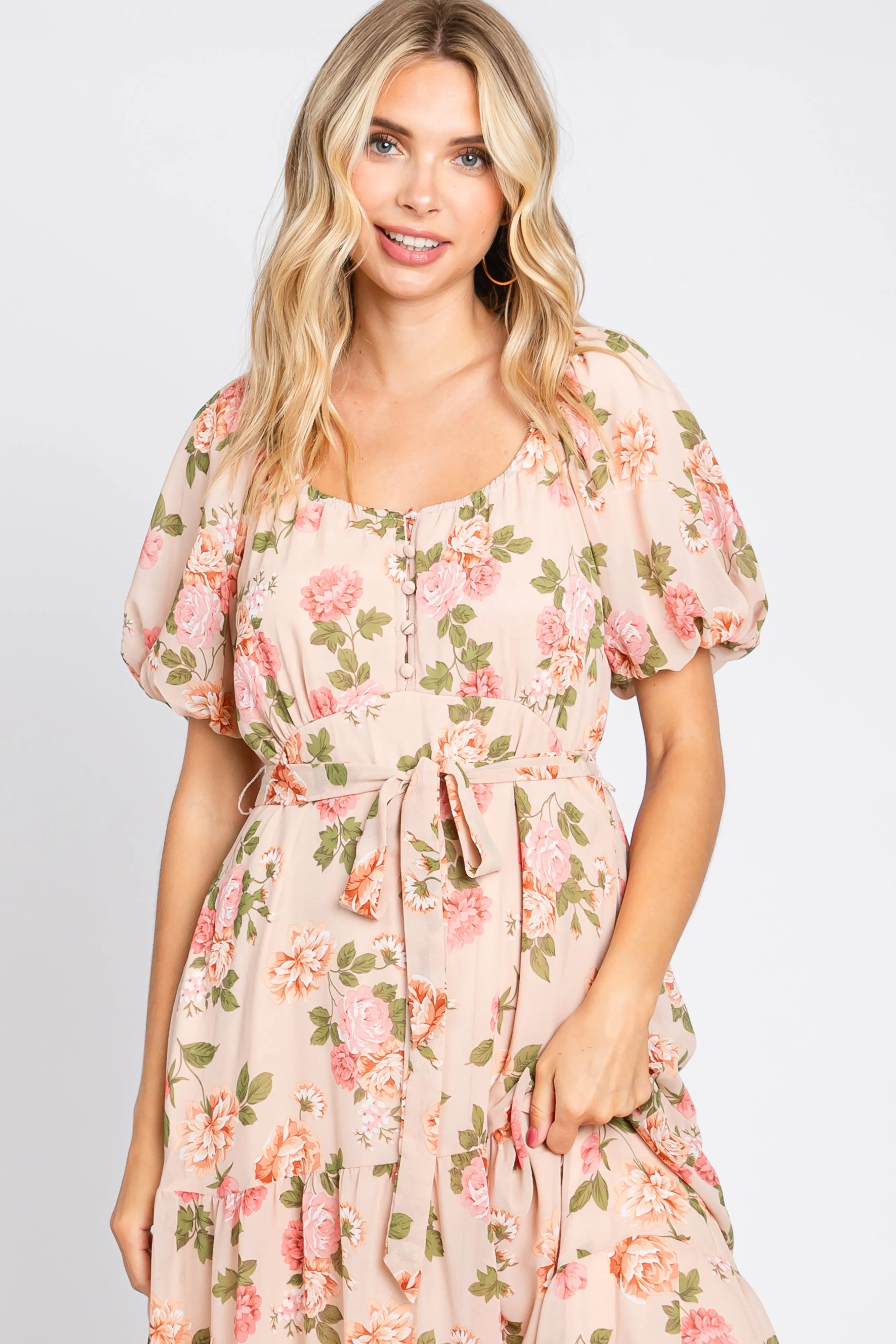 Pink Floral Button Puff Sleeve Midi Dress sold by Pinkblush product image thumbnail 4