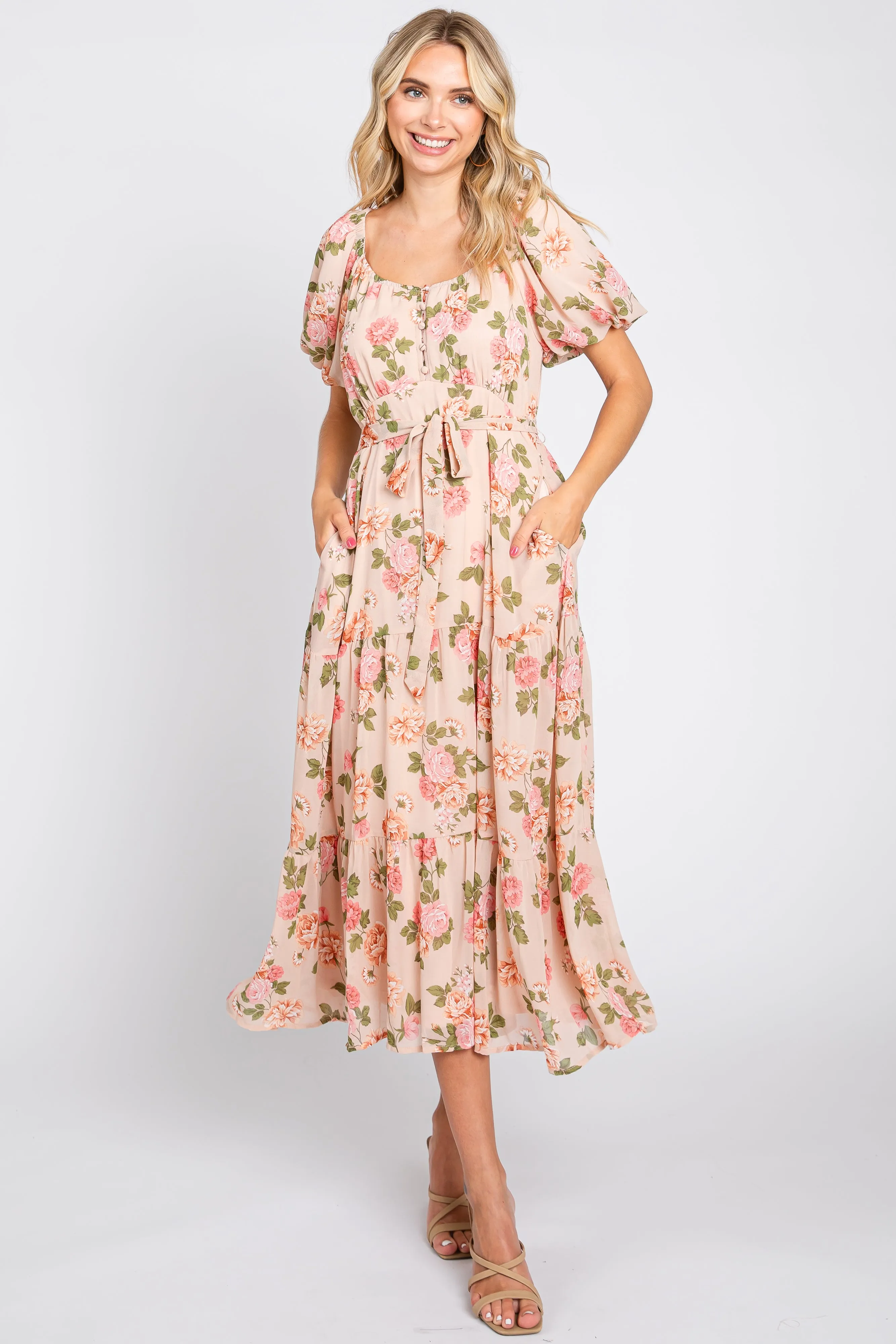Pink Floral Button Puff Sleeve Midi Dress sold by Pinkblush